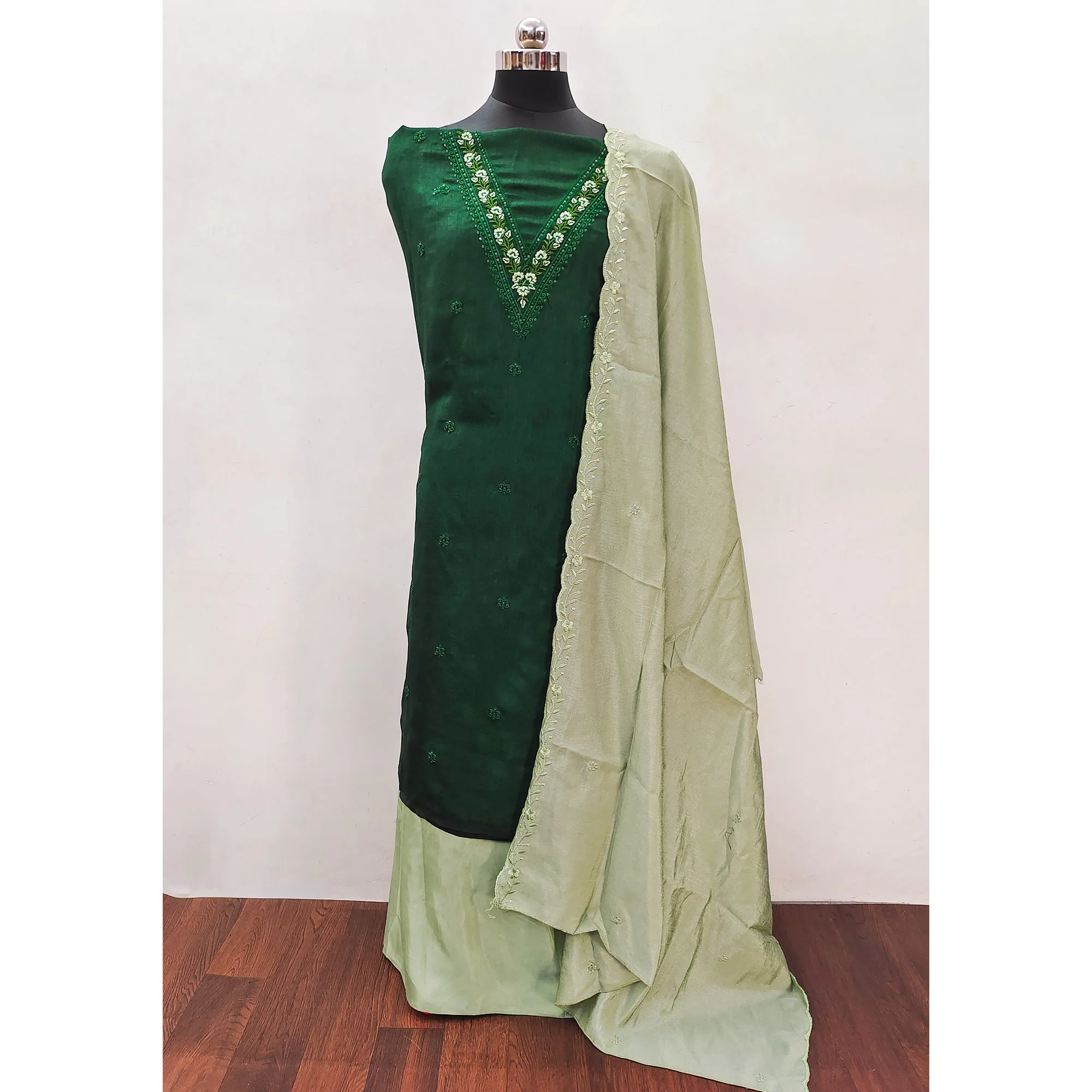 Green Floral Embroidered Vichitra Silk Dress Material - Image 3