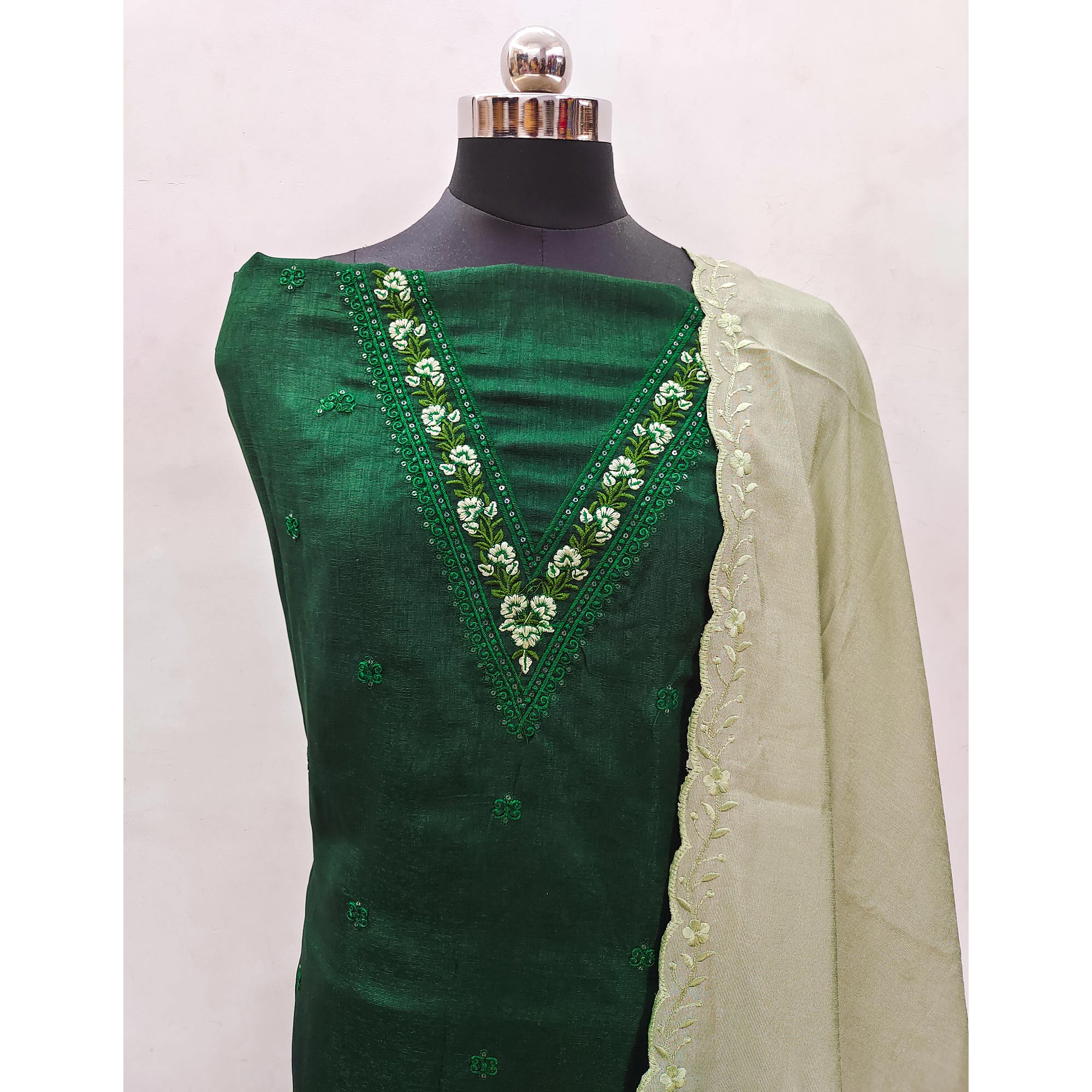 Green Floral Embroidered Vichitra Silk Dress Material - Image 4