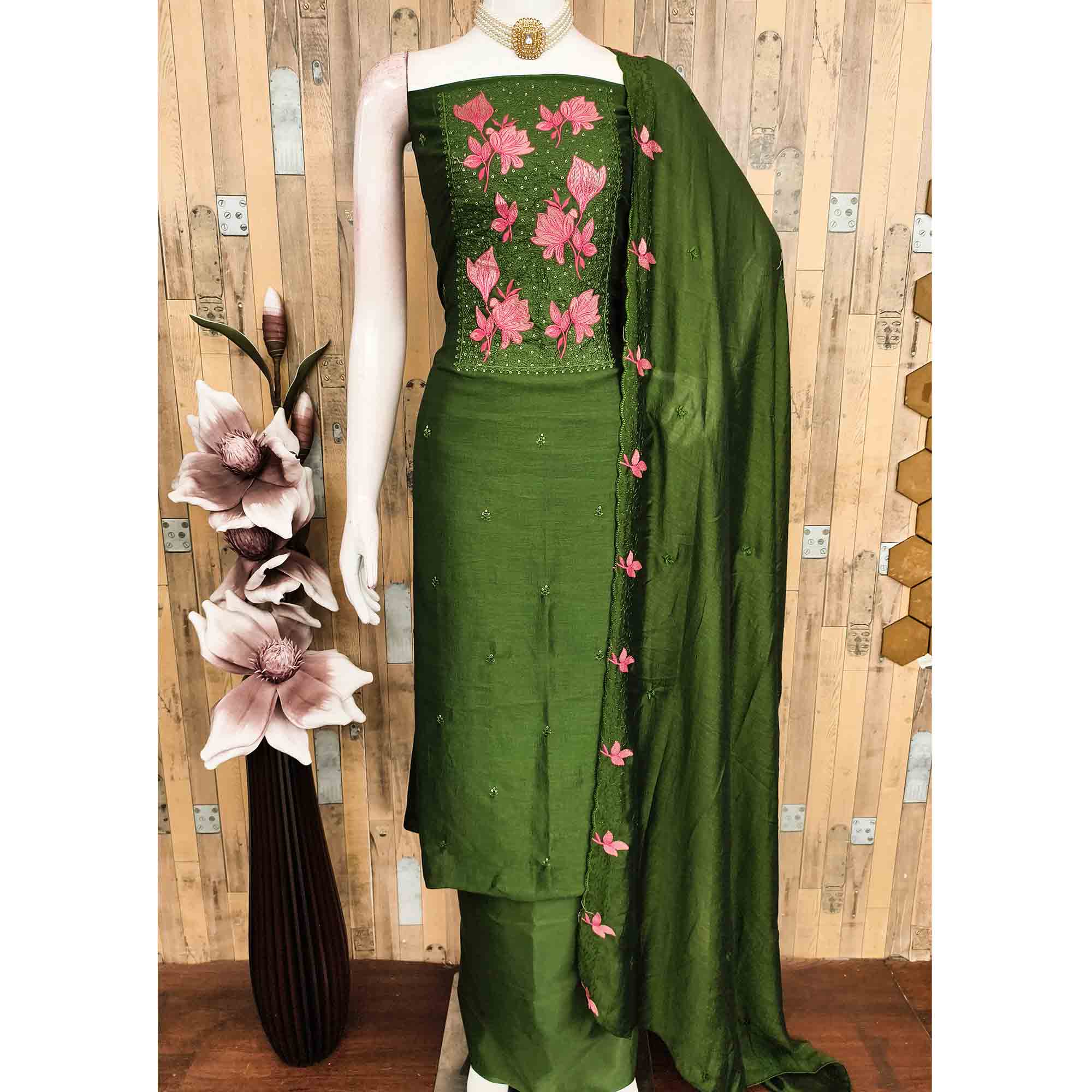 Green Floral Embroidered Vichitra Silk Dress Material for Elegant Ethnic Styling - Image 3