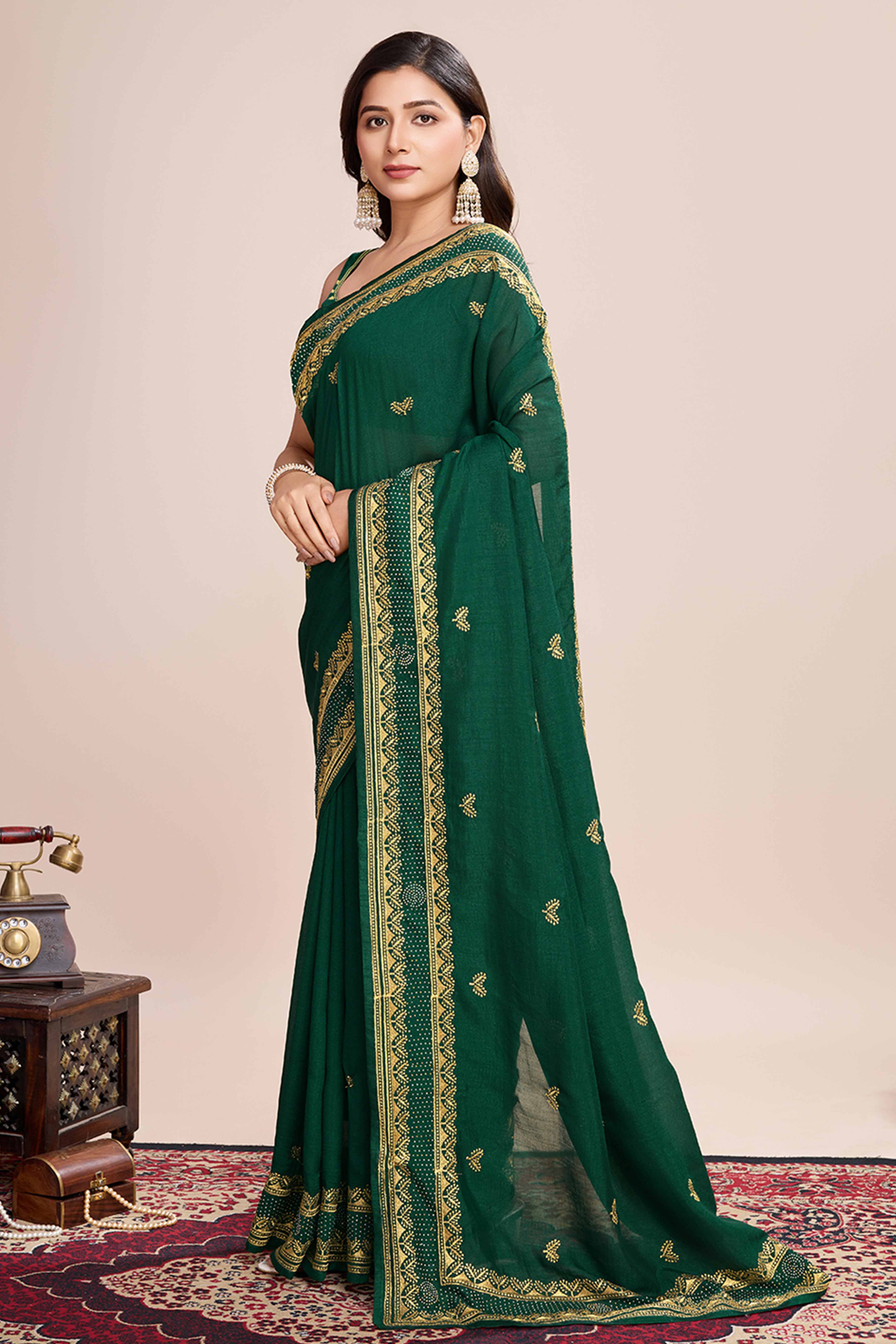 Green Floral Embroidered Vichitra Silk Saree - Image 3