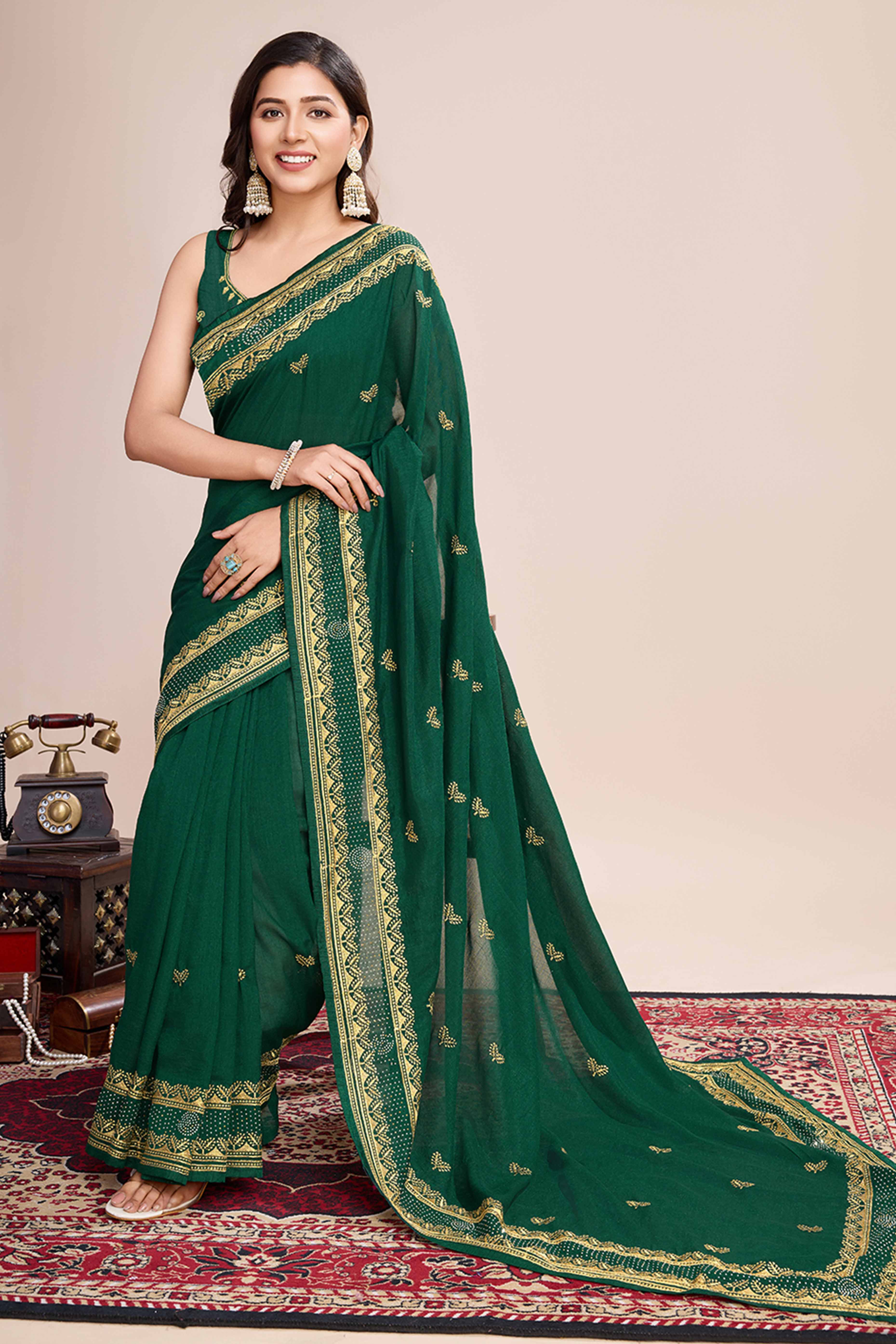 Green Floral Embroidered Vichitra Silk Saree - Image 4