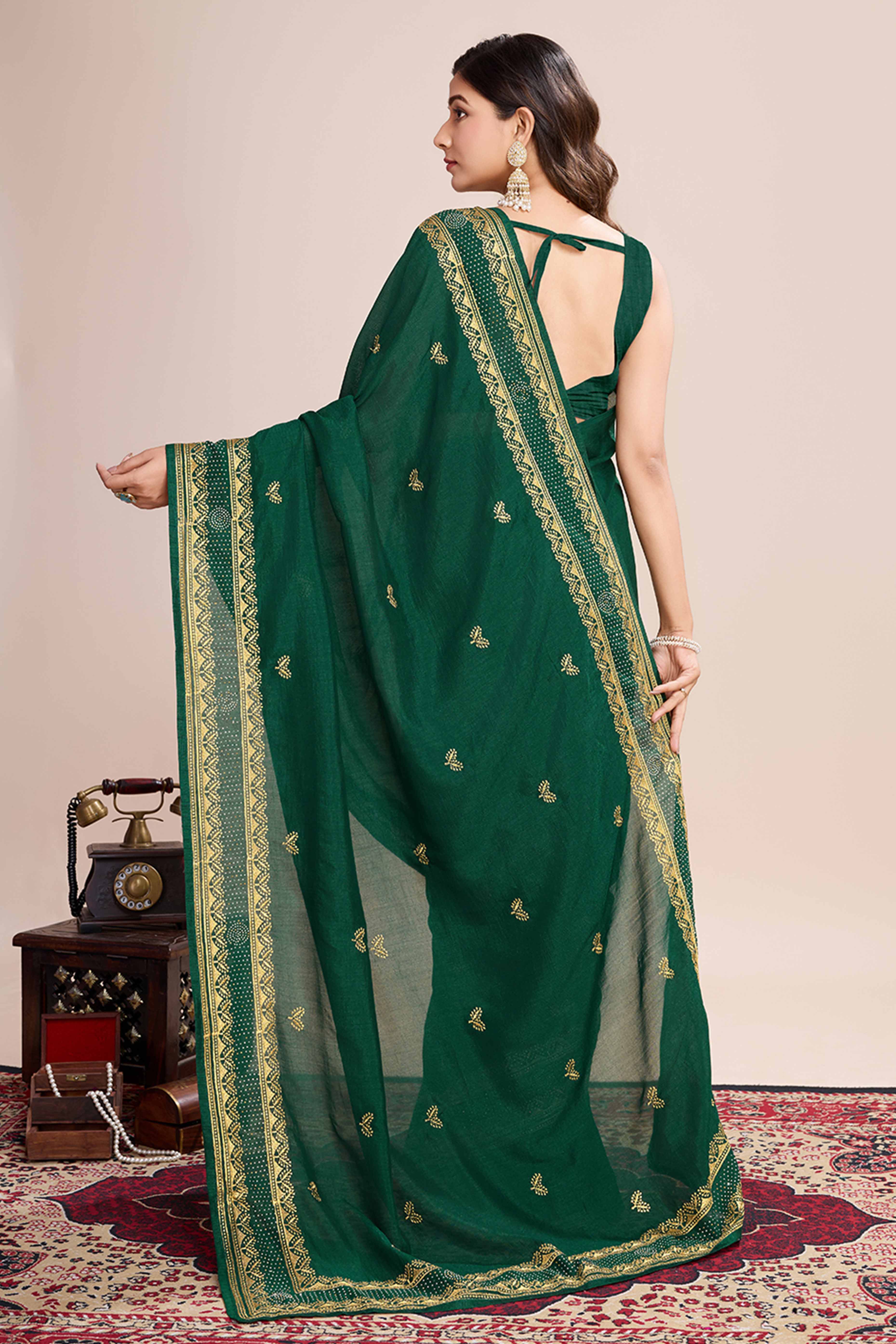Green Floral Embroidered Vichitra Silk Saree - Image 5