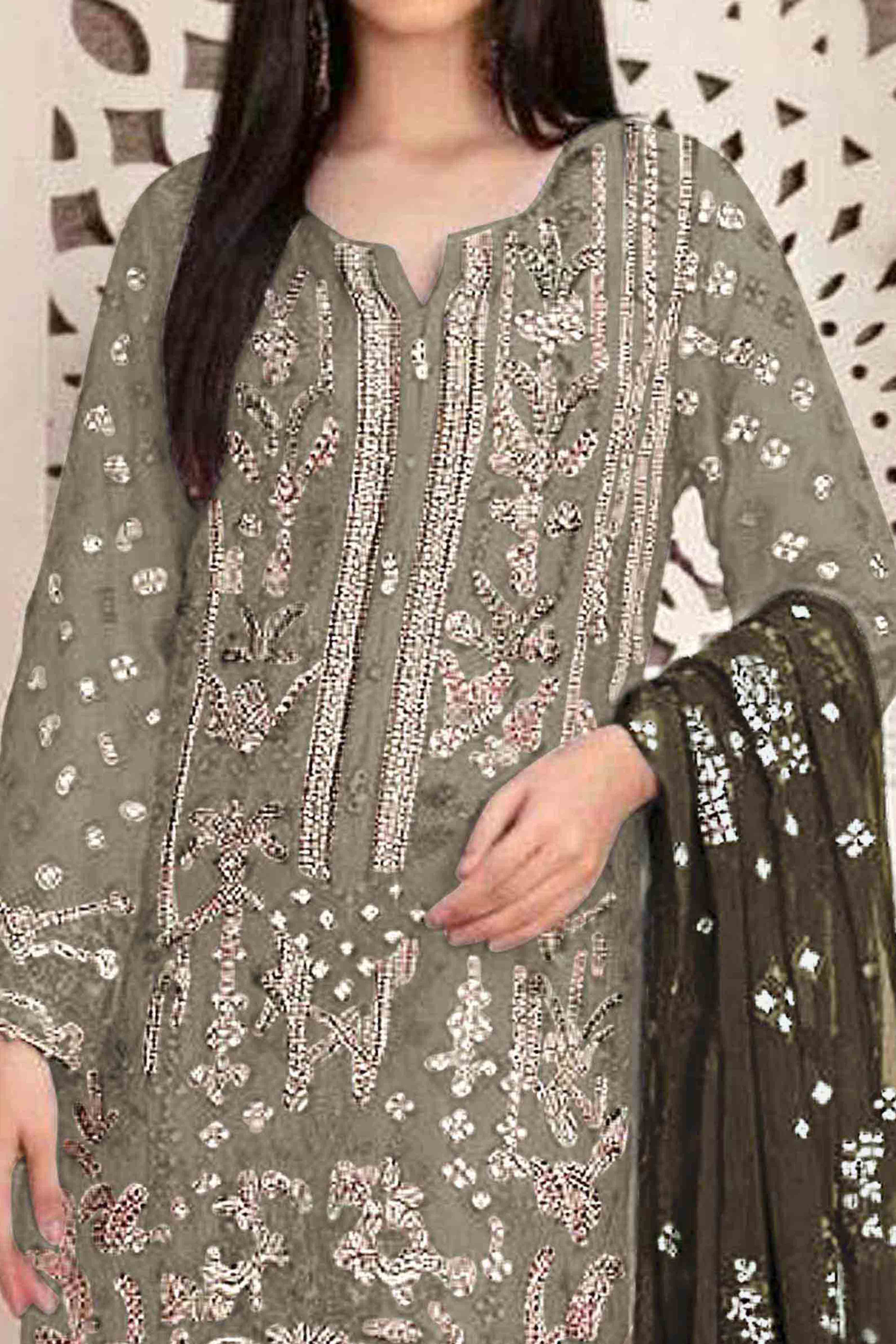 Green Floral Embroidered With Handwork Georgette Semi Stitched Pakistani Suit - Image 2