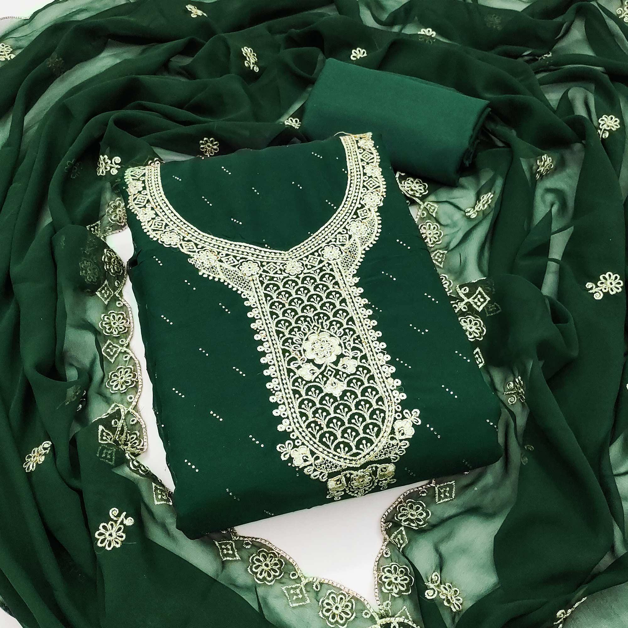 Green Floral Embroidered With Swarovski Work Georgette Dress Material - Image 3