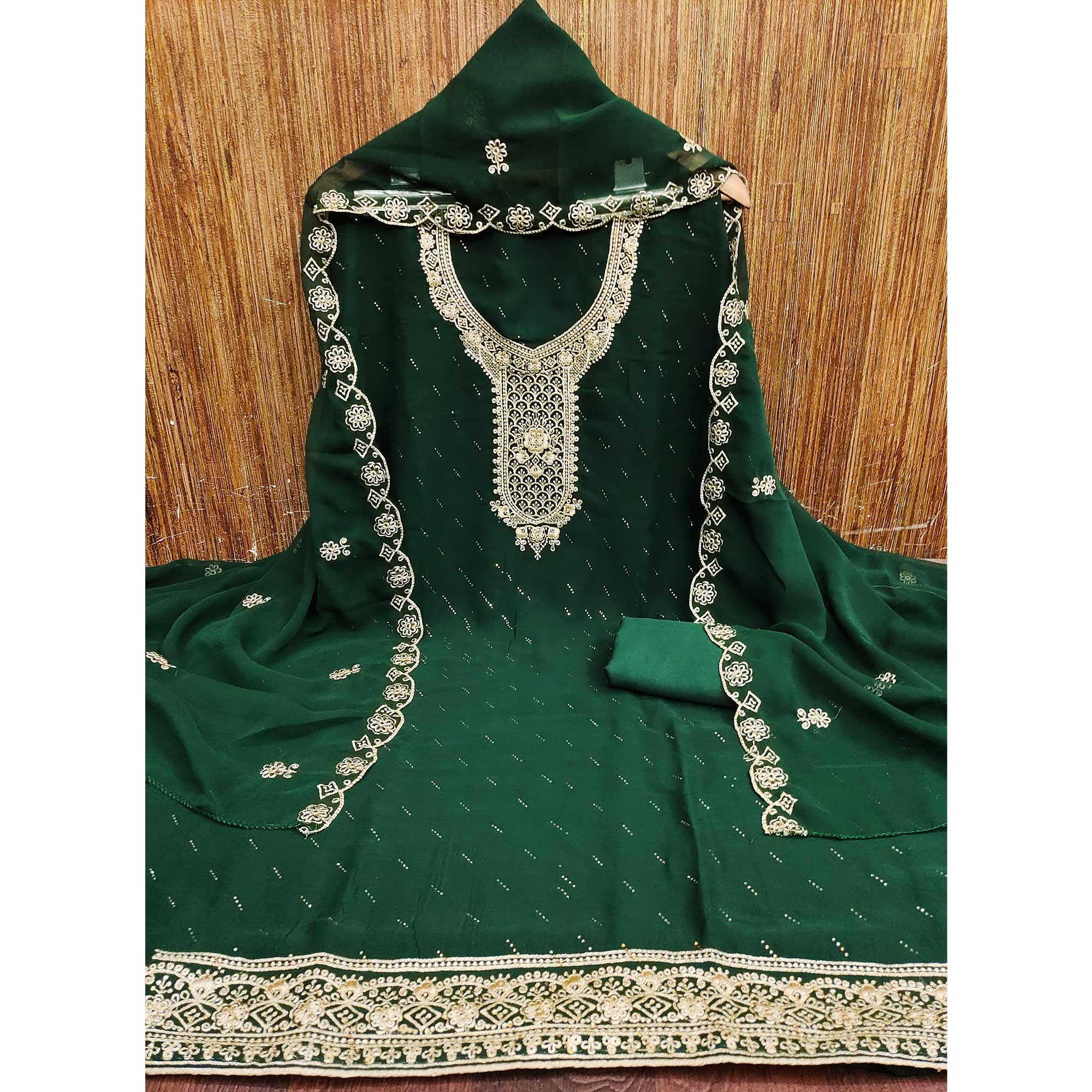 Green Floral Embroidered With Swarovski Work Georgette Dress Material - Image 4