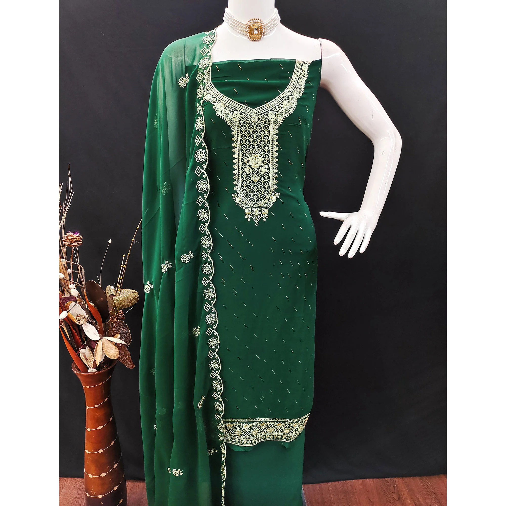 Green Floral Embroidered With Swarovski Work Georgette Dress Material - Image 5