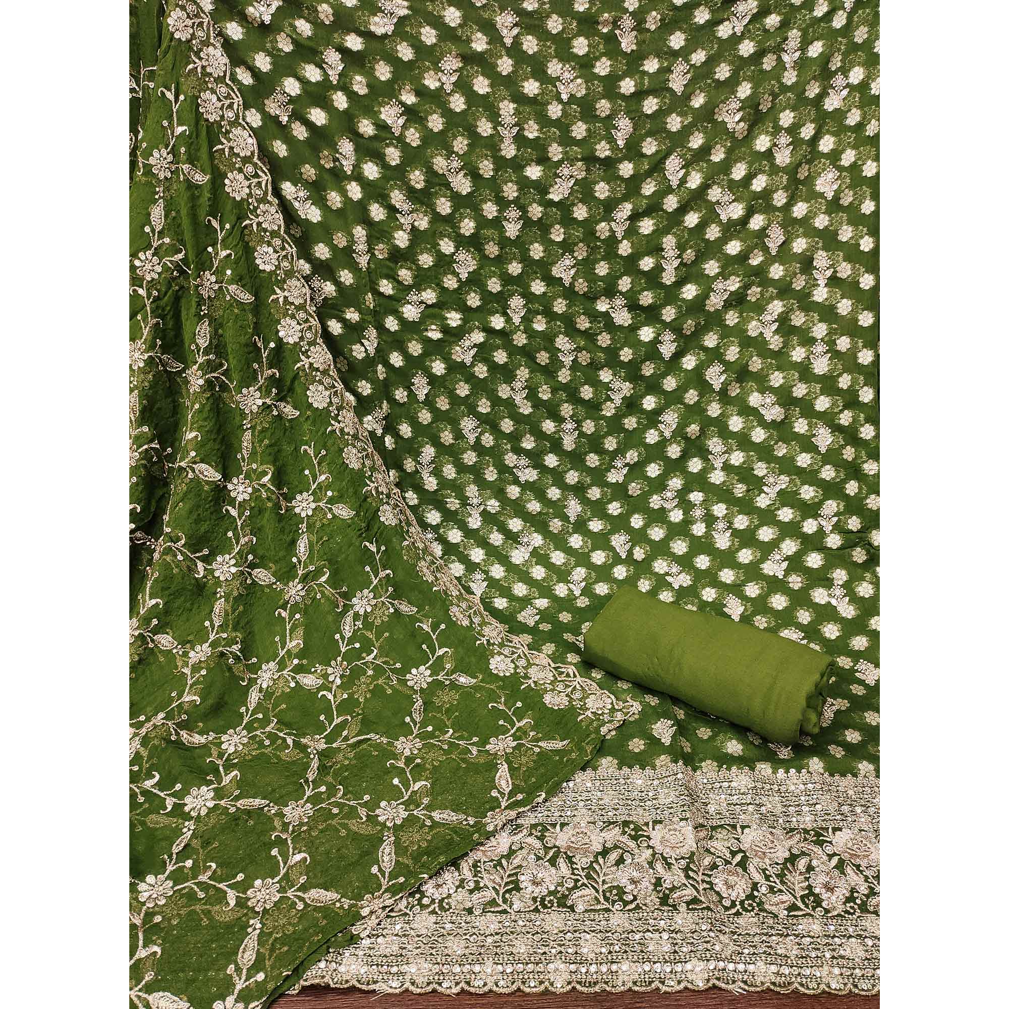 Green Floral Embroidered With Woven Georgette Dress Material - Image 3