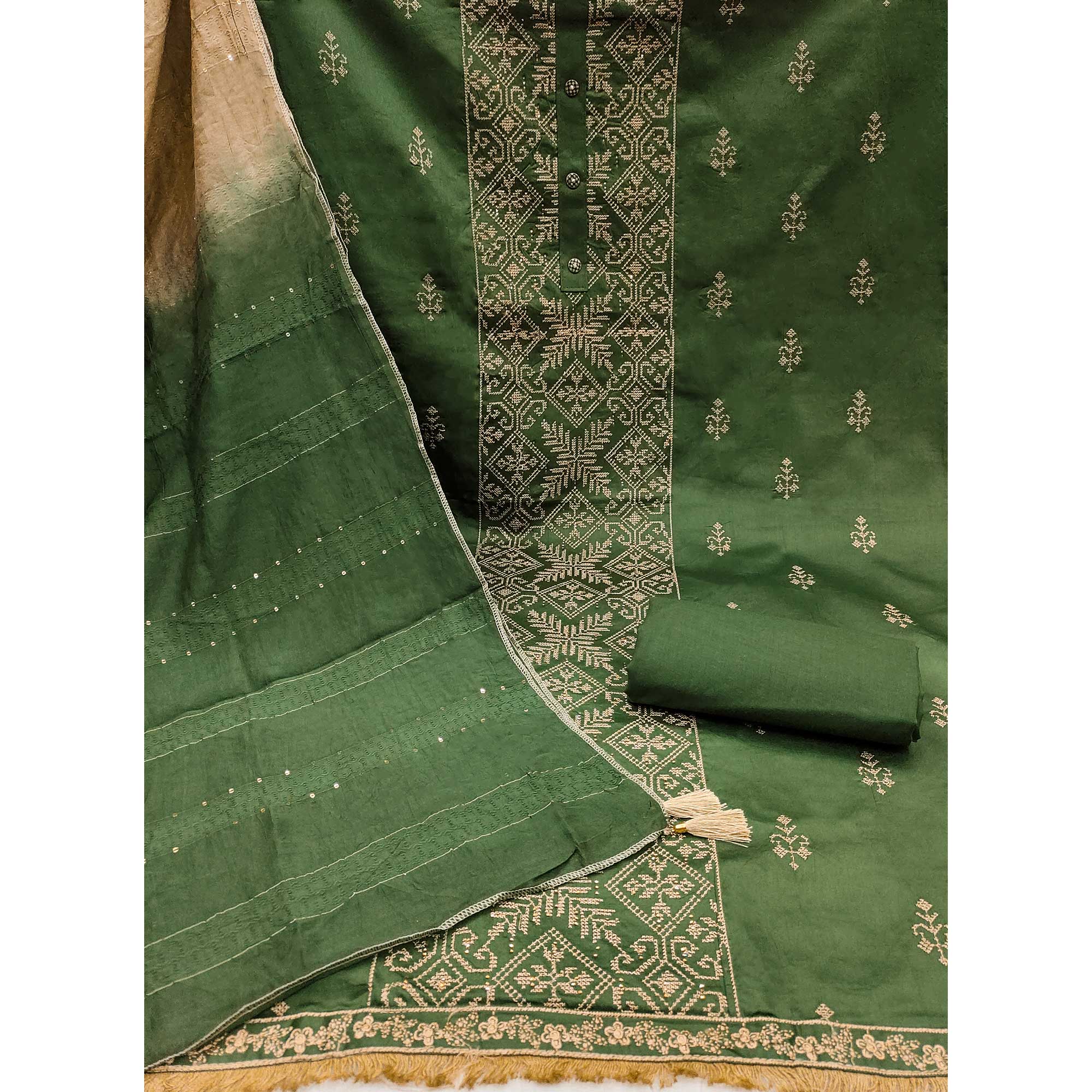 Green Floral Embroidery Cotton Silk Dress Material - Image 3
