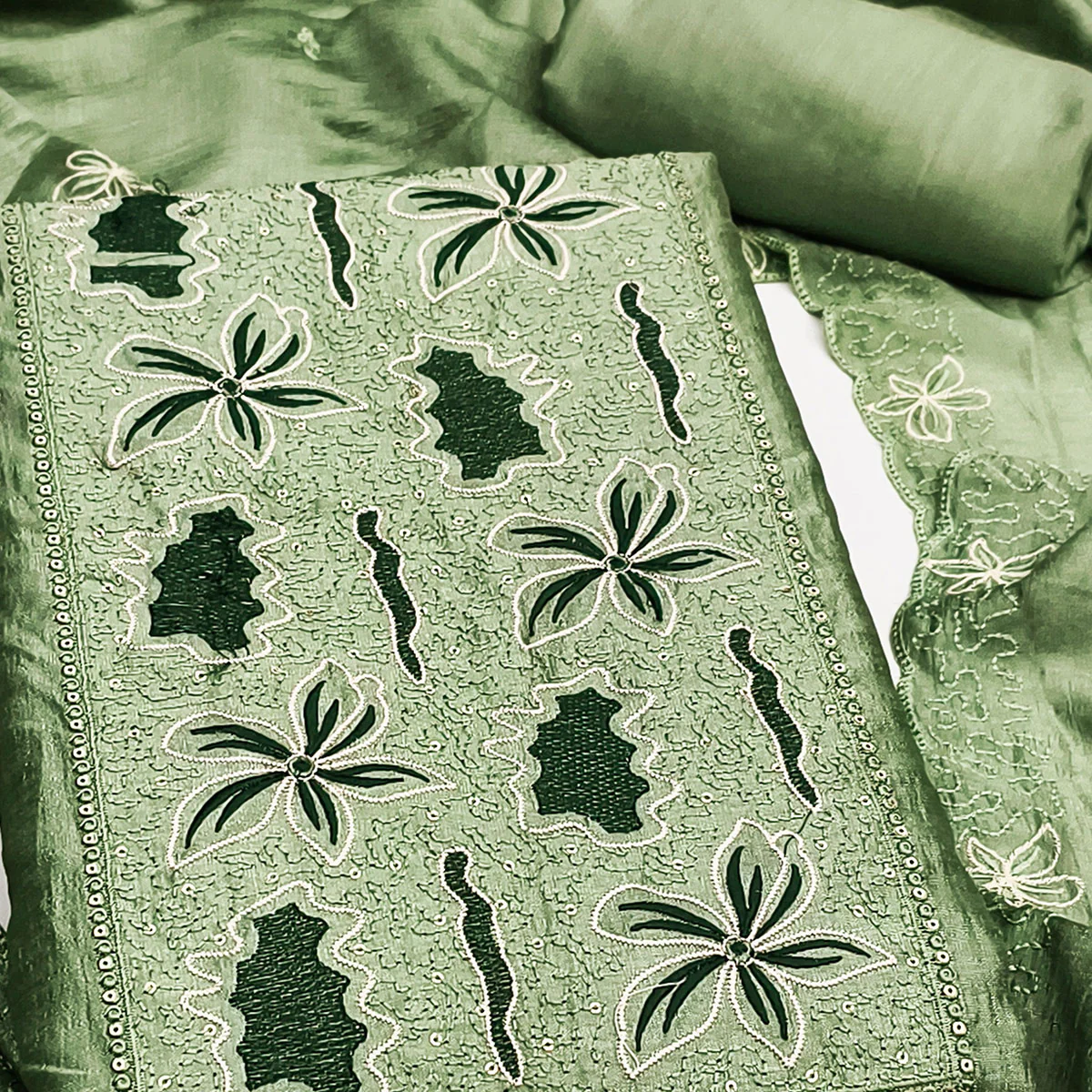 Green Floral Embroidery Enhanced Vichitra Silk Fabric Set for Stylish Traditional Outfits - Image 2