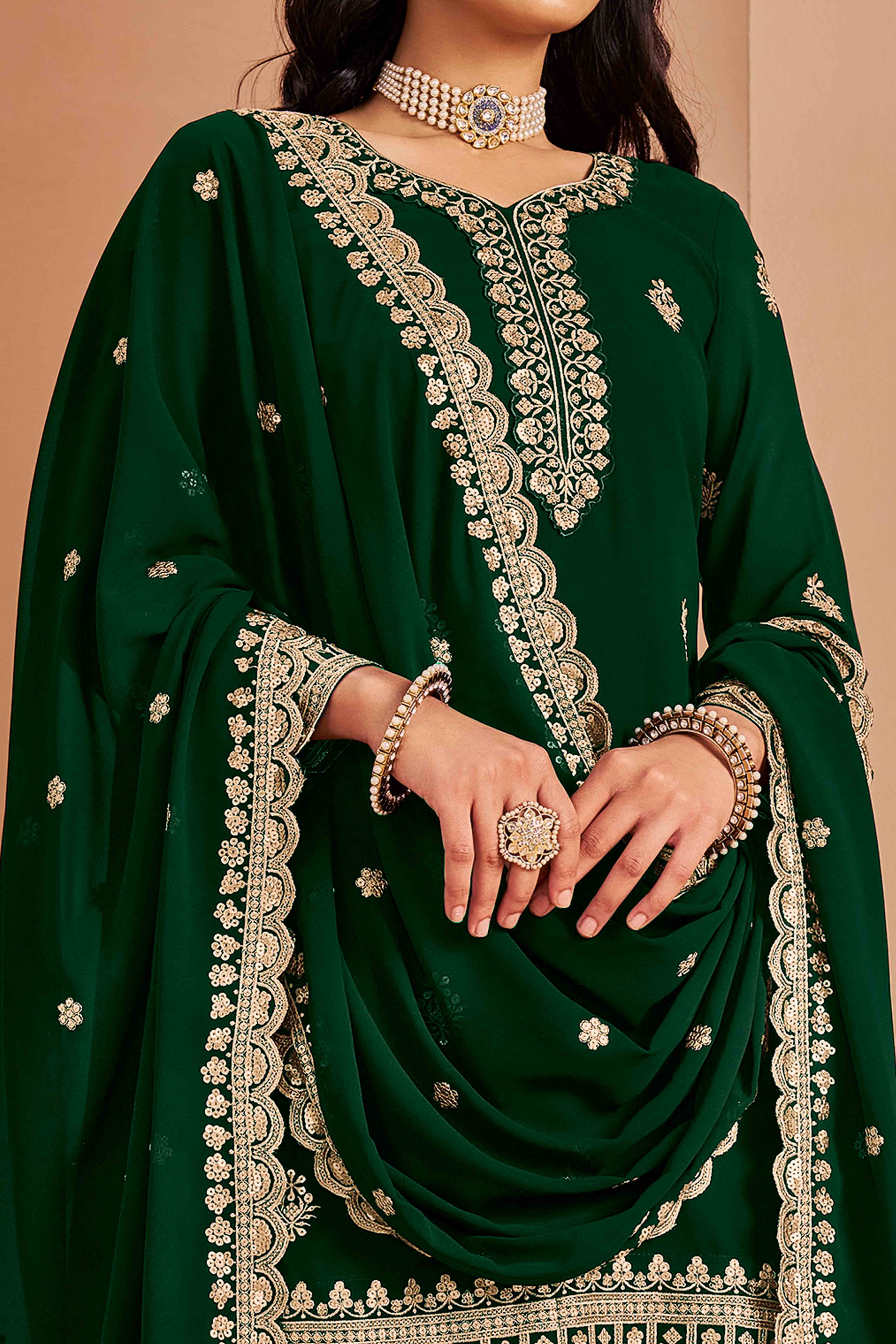 Green Floral Embroidery Georgette Semi Stitched Palazzo Suit - Image 2