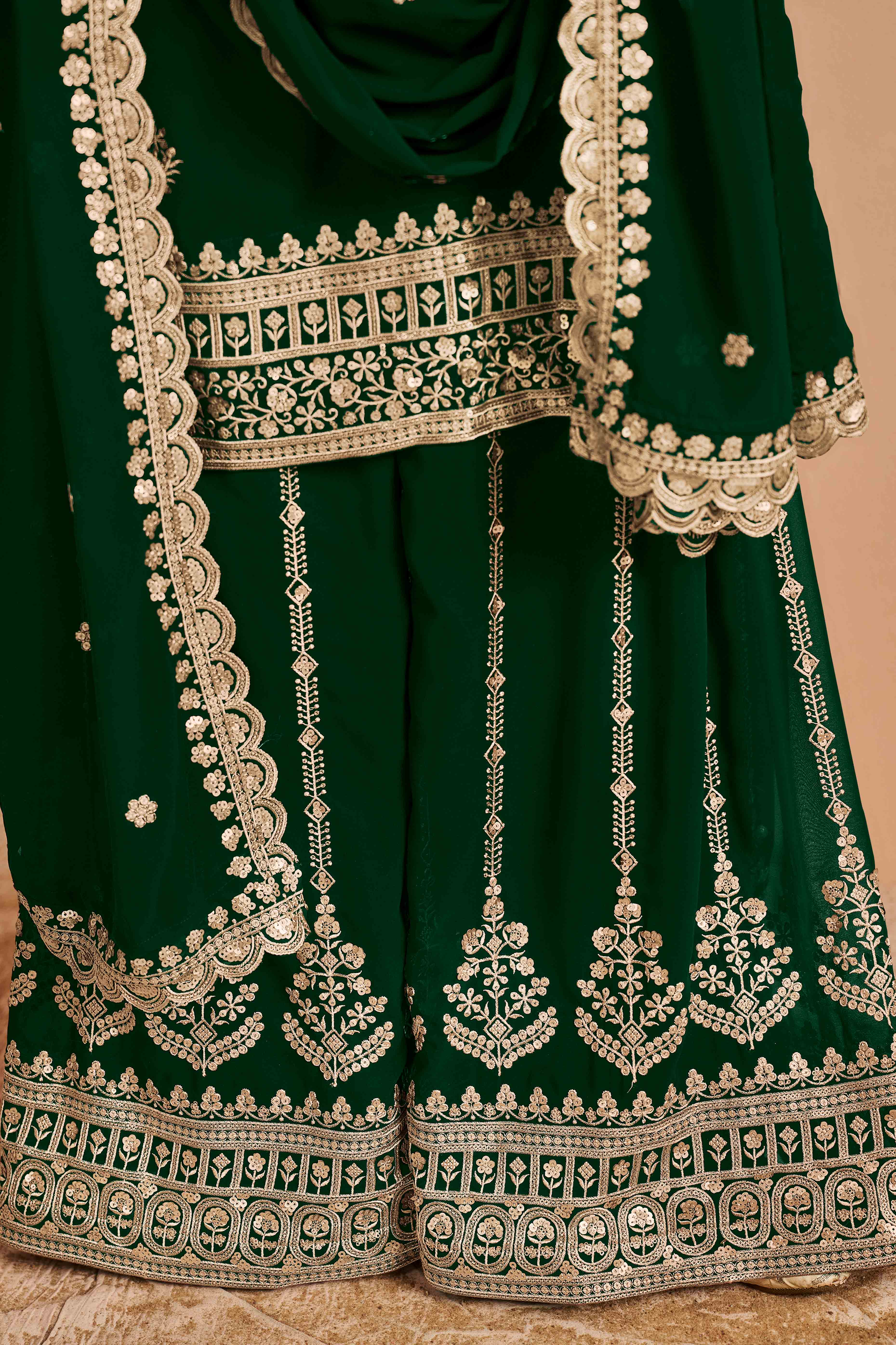 Green Floral Embroidery Georgette Semi Stitched Palazzo Suit - Image 5