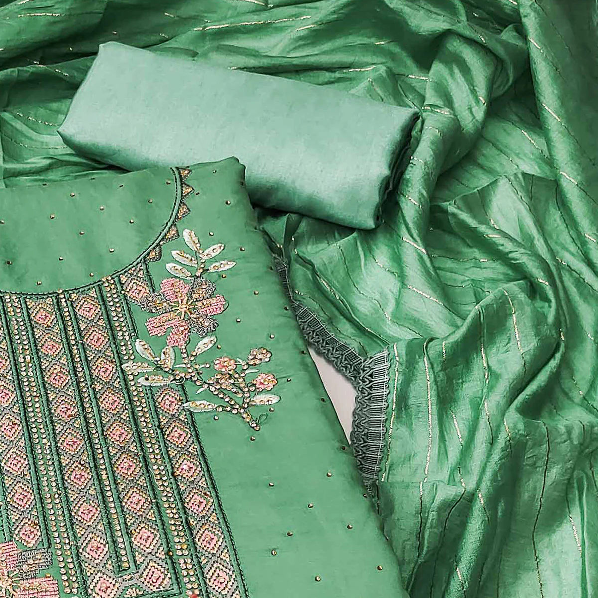 Green Floral Embroidery With Stonework Chanderi Silk Dress Material - Image 2