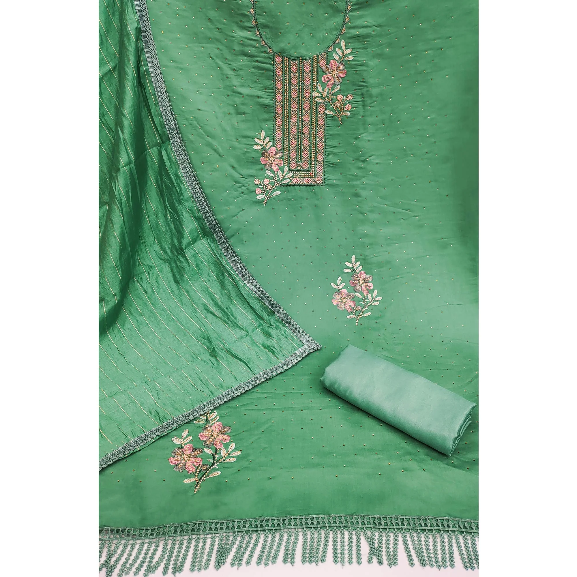 Green Floral Embroidery With Stonework Chanderi Silk Dress Material - Image 3
