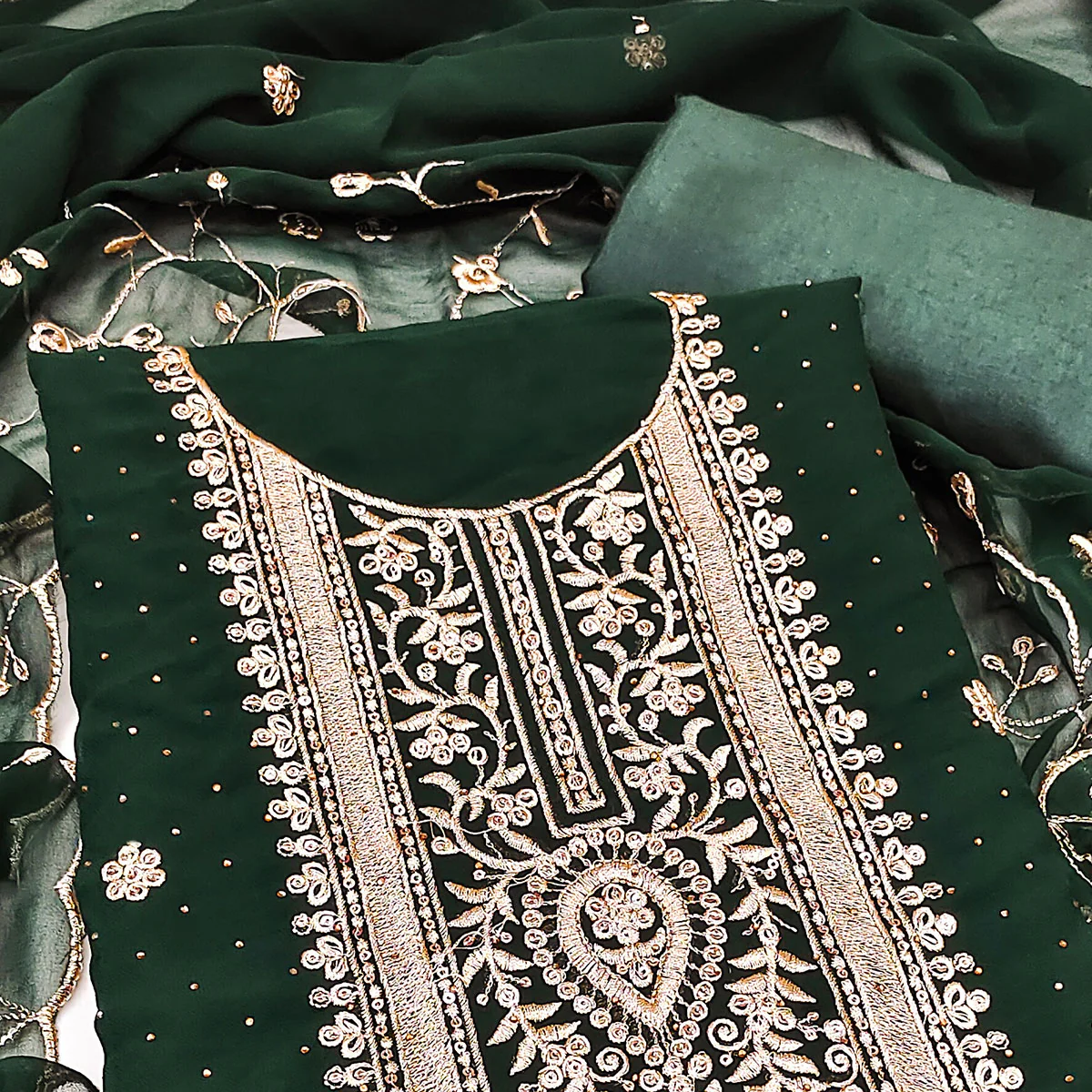 Green Floral Embroidery With Stonework Georgette Dress Material - Image 2
