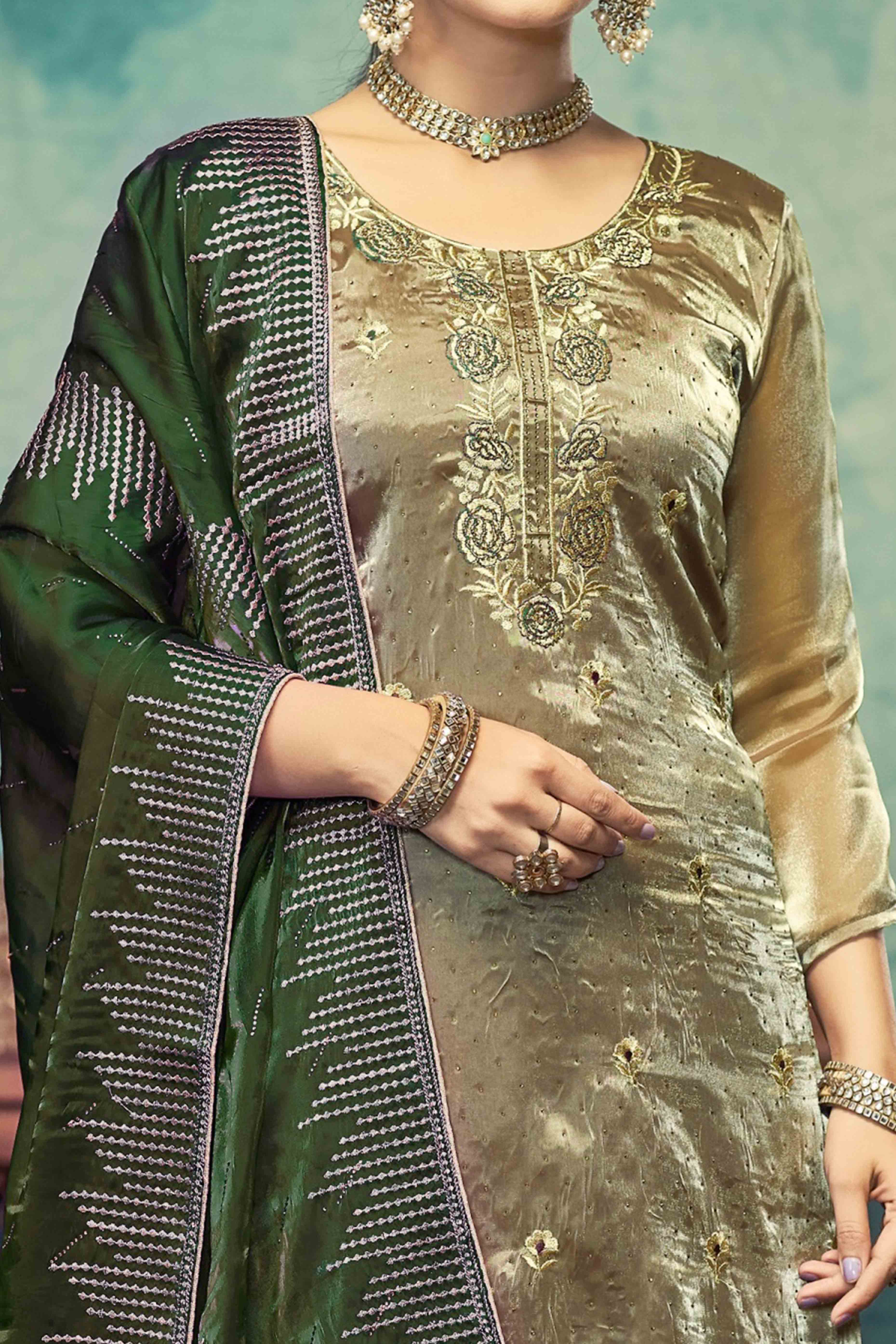 Green Floral Embroidery With Swarovski Work Jimmy Choo Tissue Semi Stitched Suit - Image 2