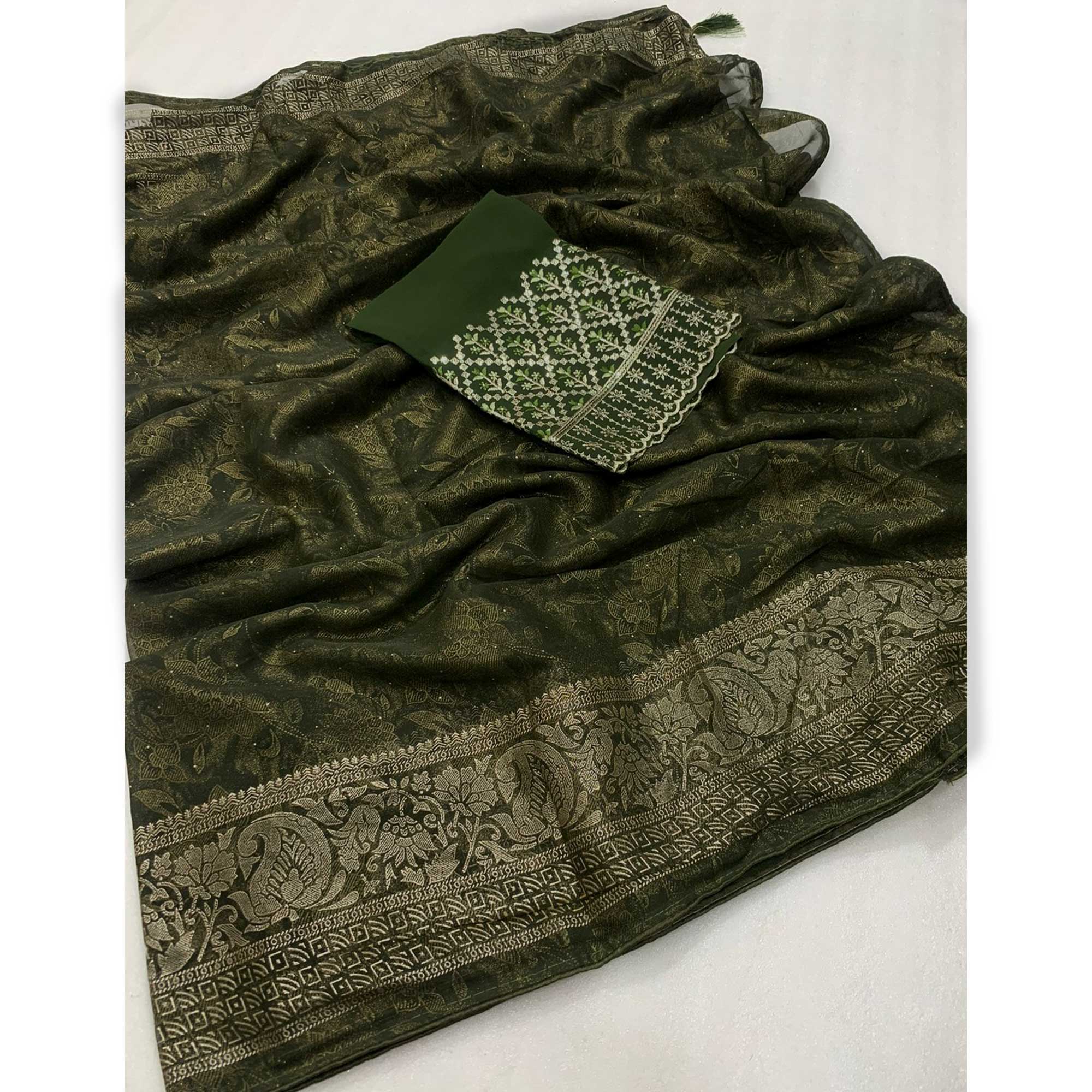 Green Floral Foil Printed Georgette Saree With Tassels - Image 3