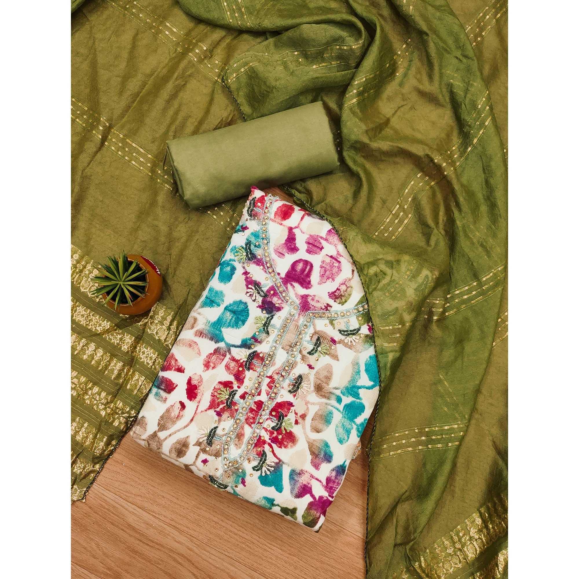 Green Floral Foil Printed With Handwork Modal Cotton Silk Dress Material - Image 3