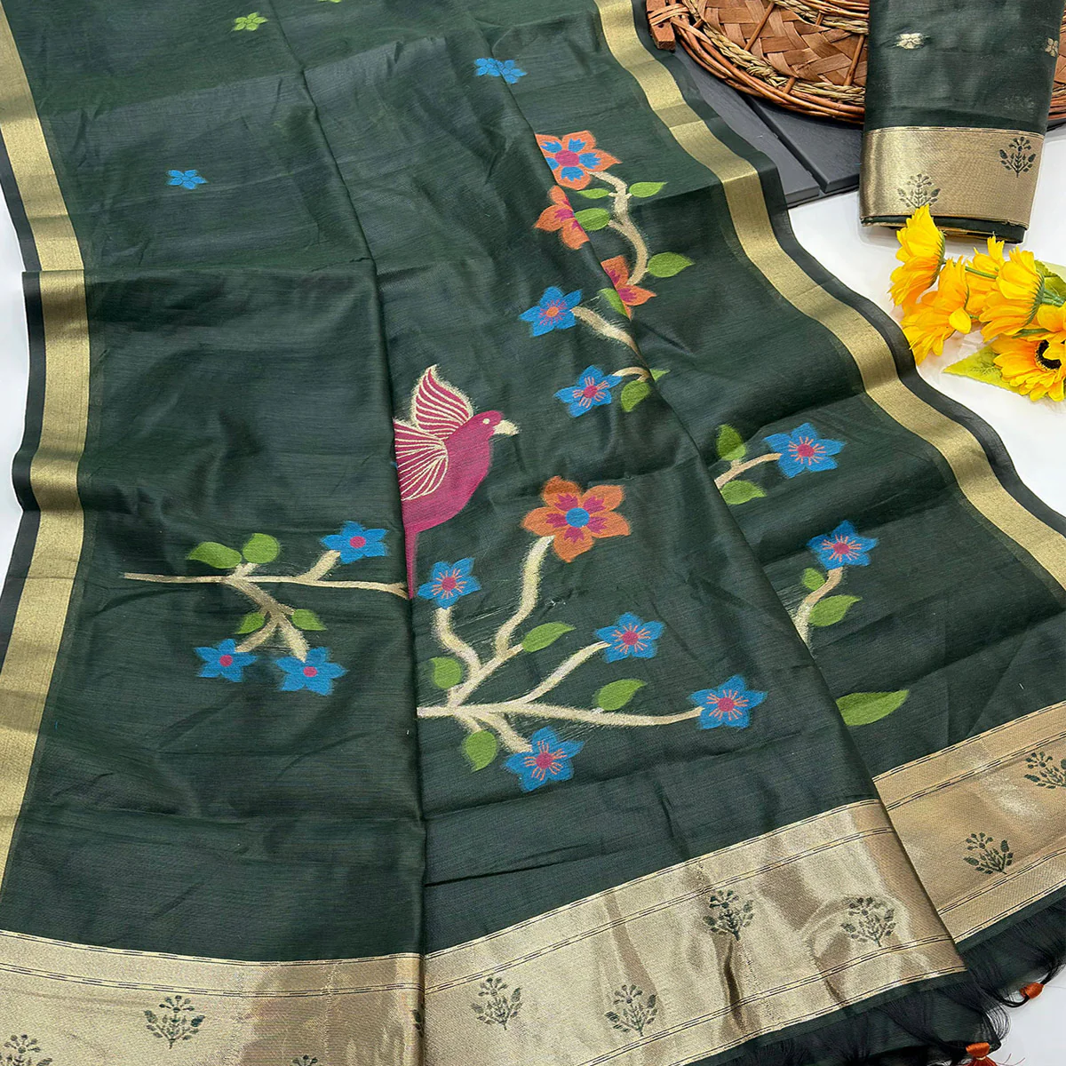 Green Floral Handloom Muga Cotton Silk Saree with Traditional Charm - Image 2