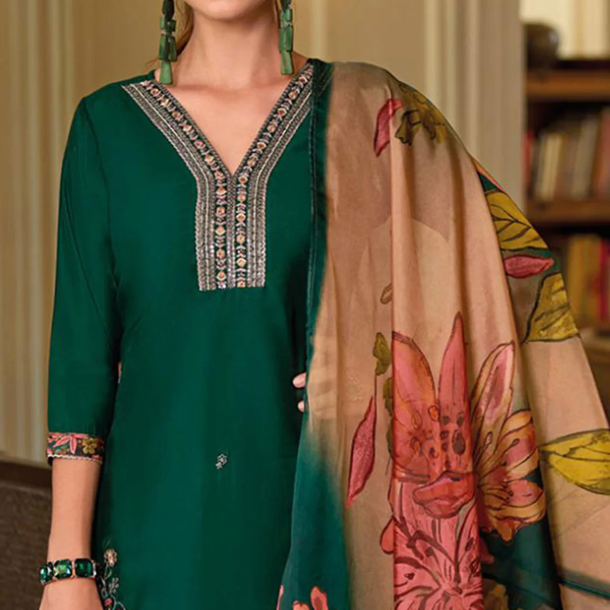 Green Floral Handwork Embroidered Viscose Salwar Suit - Image 3