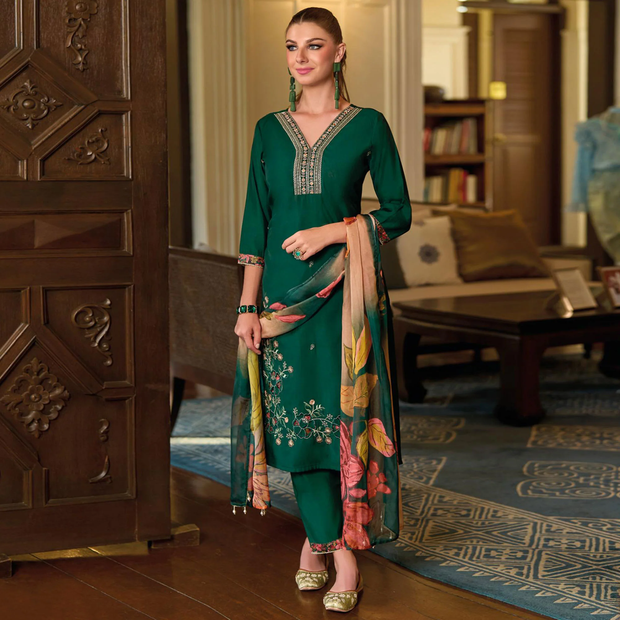 Green Floral Handwork Embroidered Viscose Salwar Suit - Image 4