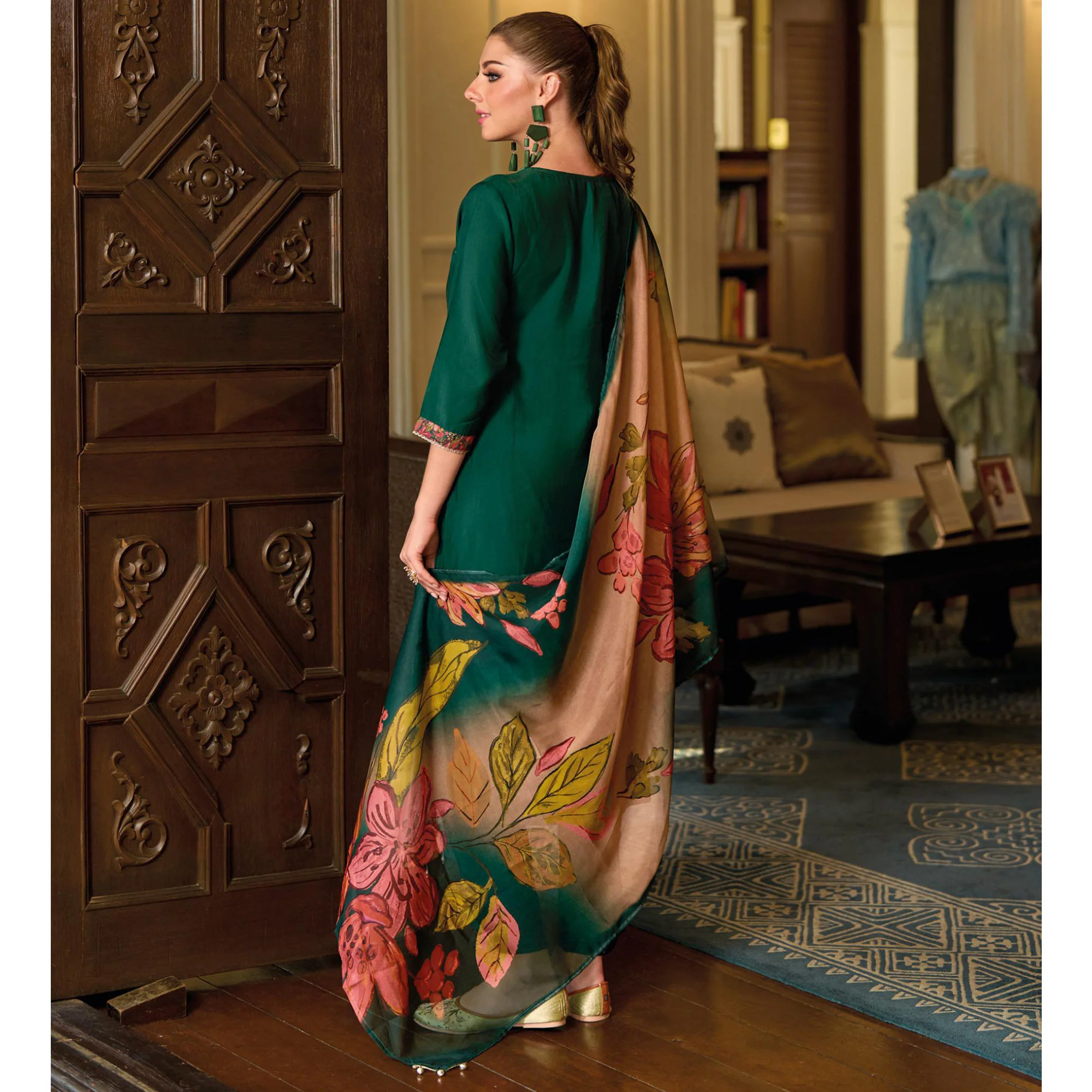 Green Floral Handwork Embroidered Viscose Salwar Suit - Image 5