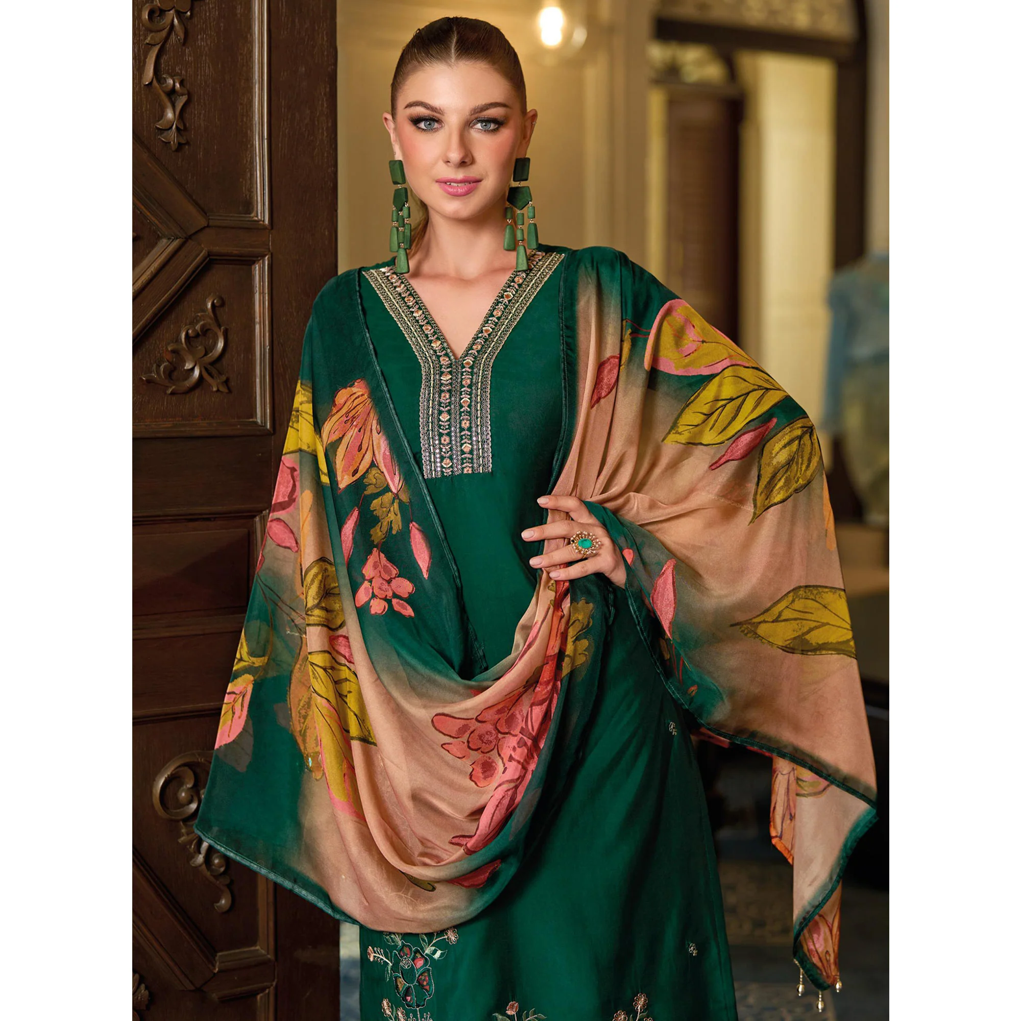 Green Floral Handwork Embroidered Viscose Salwar Suit - Image 7