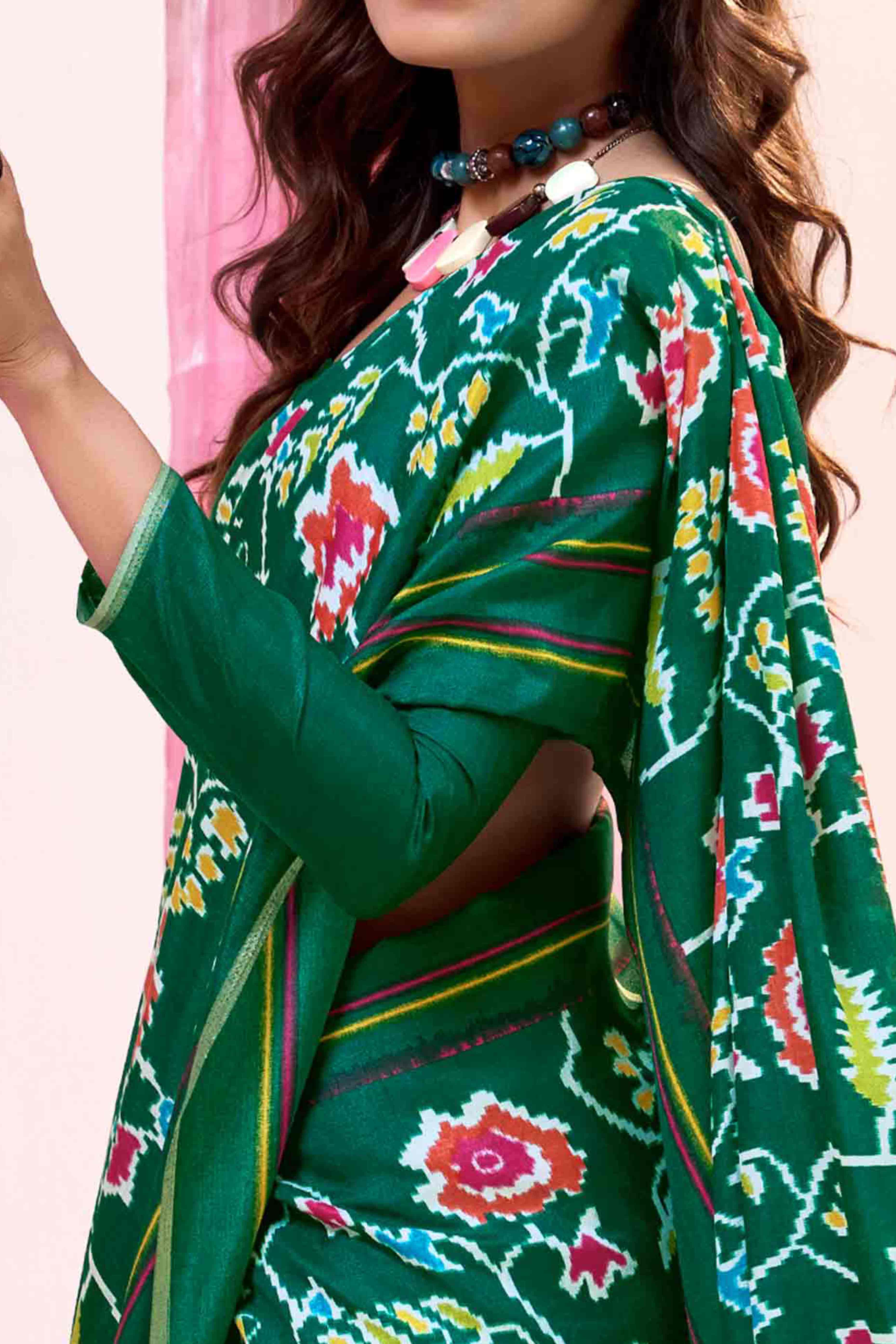 Green Floral Mill Printed Tussar Silk Saree - Image 2