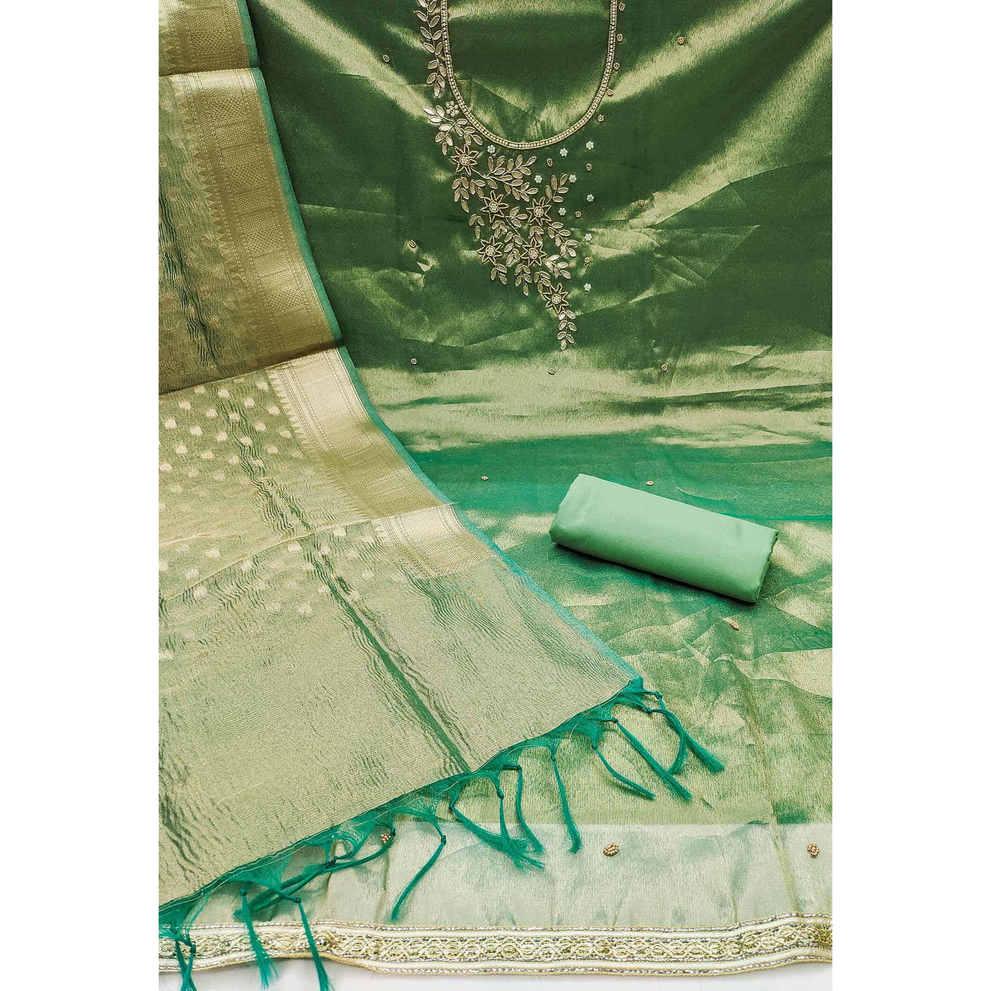 Green Floral Moti & Gota Patti Handwork Viscose Dress Material - Image 4