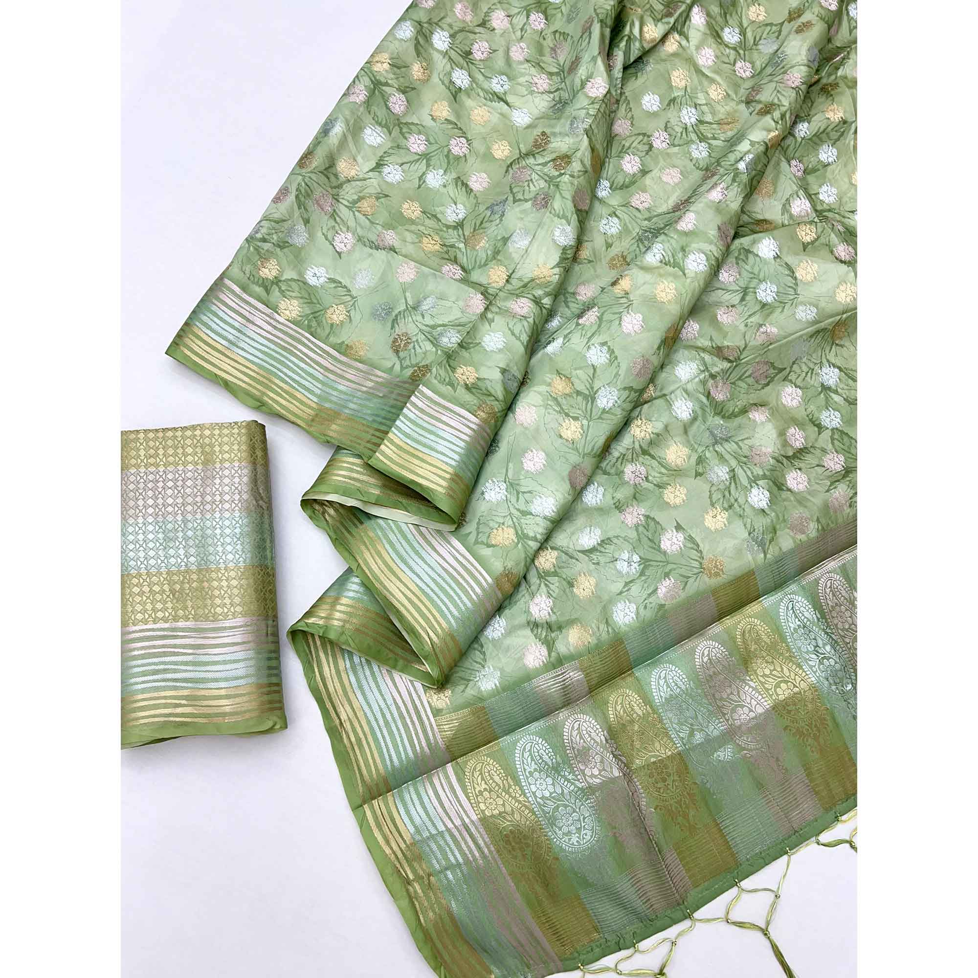 Green Floral Motif Weaving & Artistic Digital Printed Silk Blend Saree With Tassel Pallu - Image 3