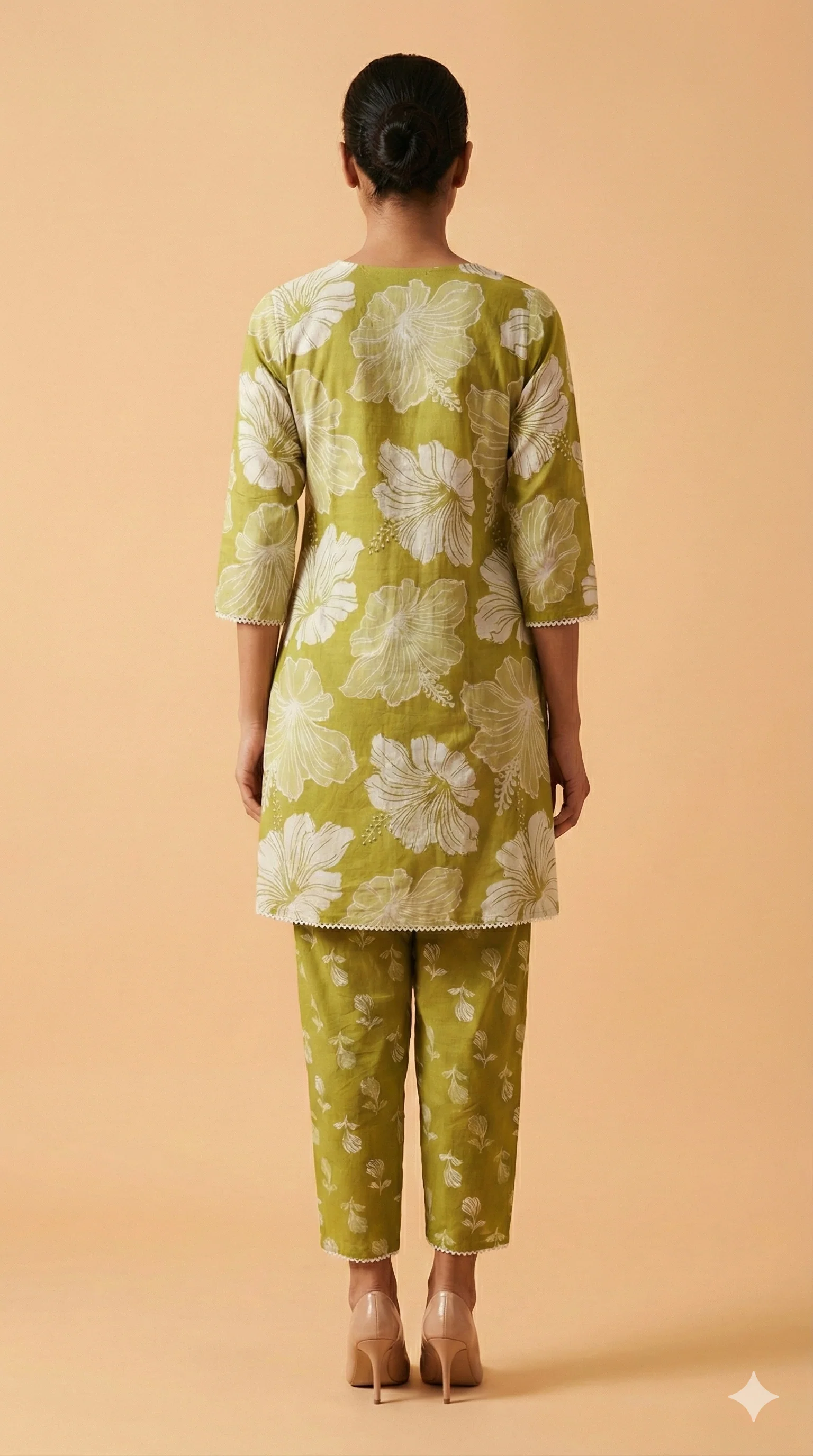 Green Floral Patterned Pure Cotton A-Line Suit Set for Casual Chic Styling - Image 3