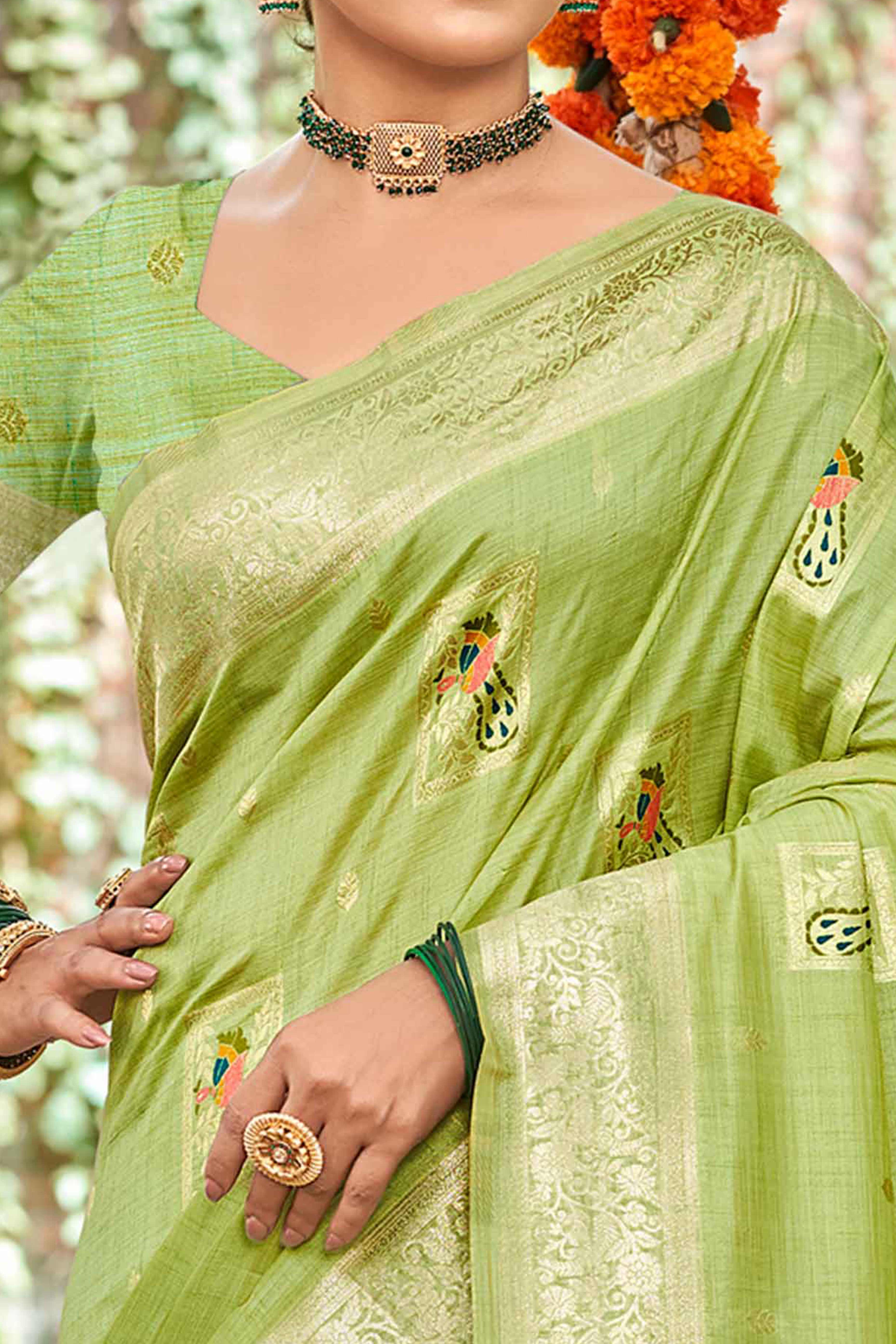 Green Floral & Peacock Motif Zari Woven Assam Silk Blend Saree With Graceful Tassel Pallu - Image 2