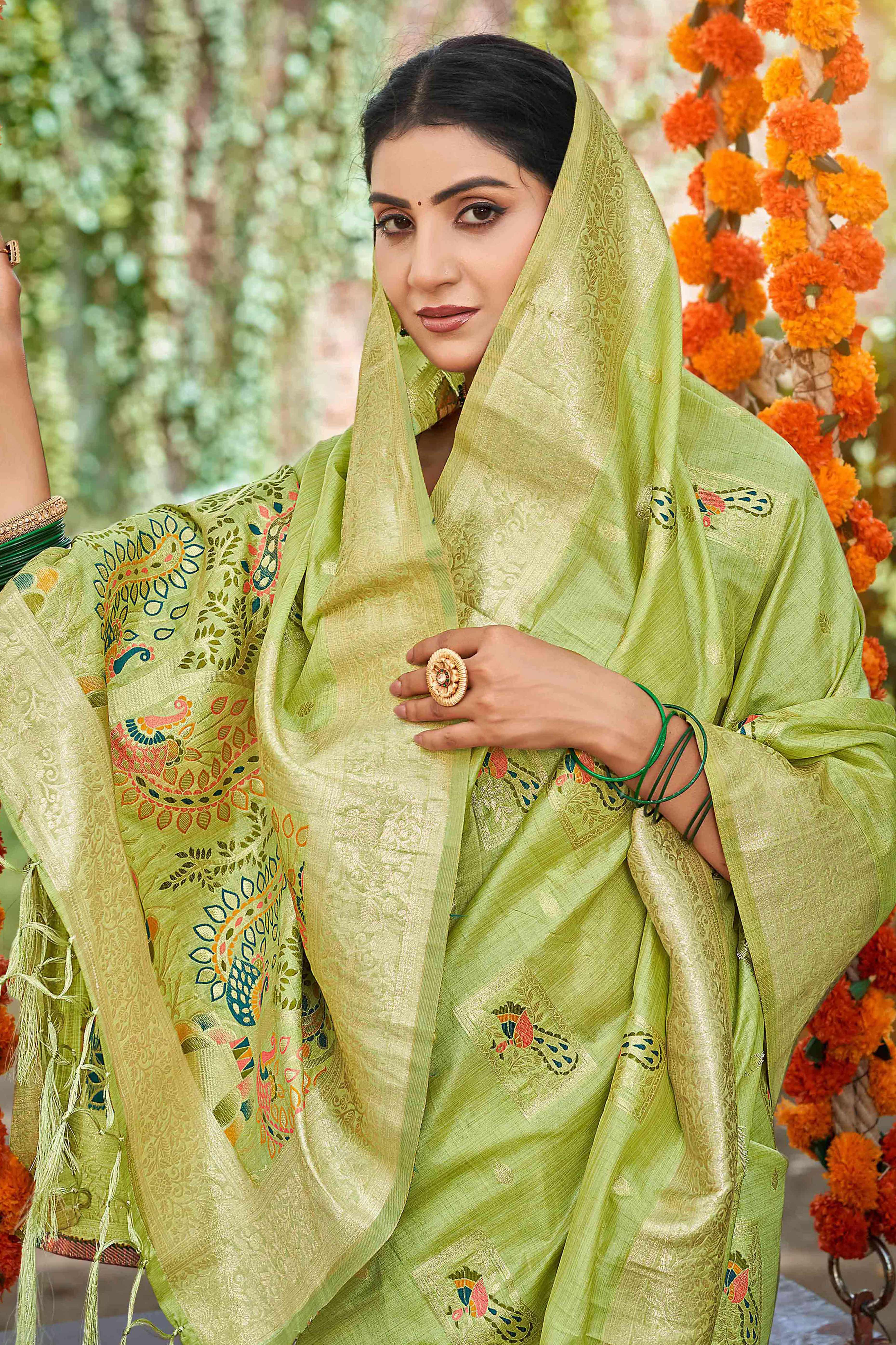 Green Floral & Peacock Motif Zari Woven Assam Silk Blend Saree With Graceful Tassel Pallu - Image 4