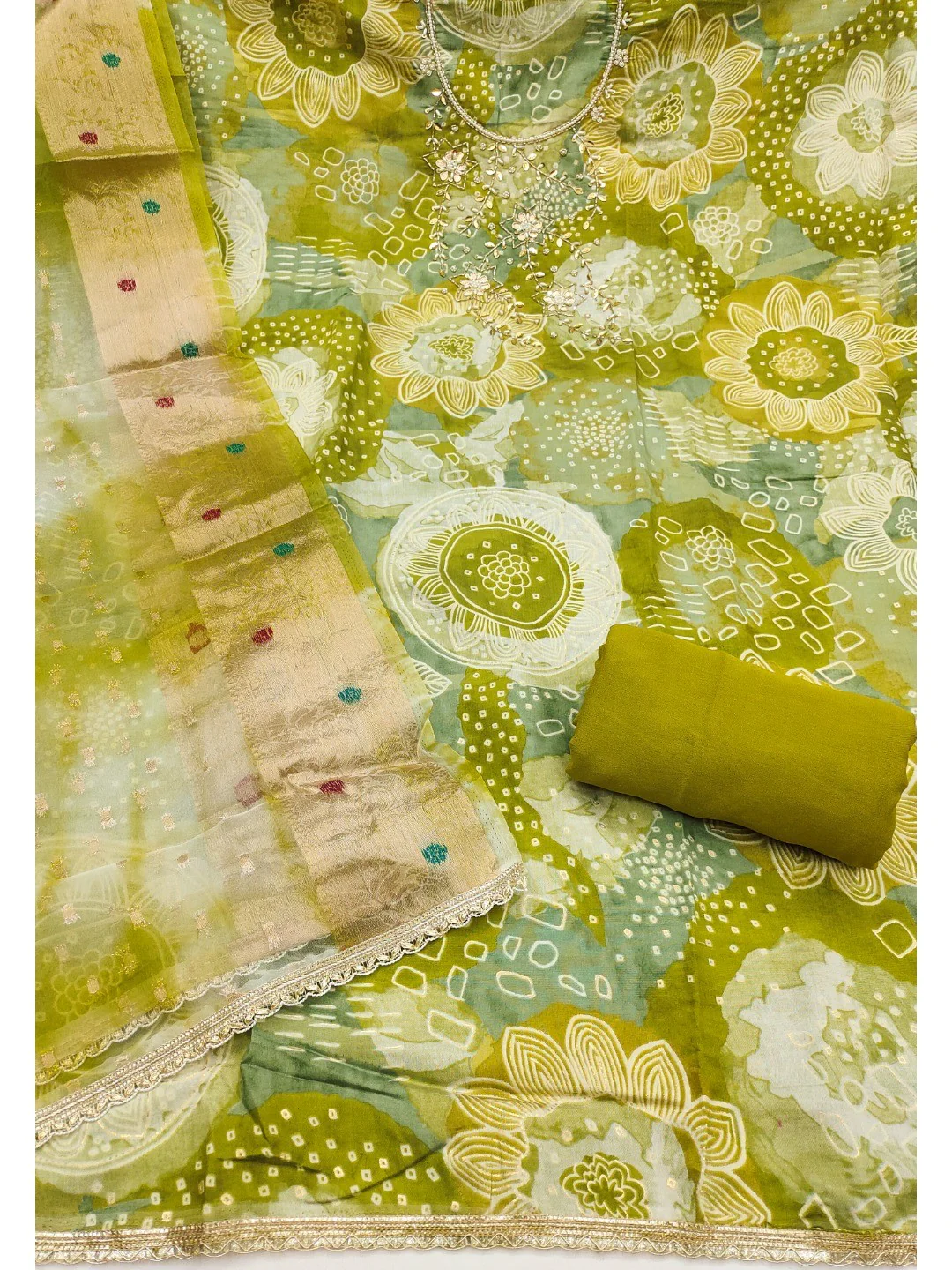 Green Floral Print Chanderi Silk Dress Material with Dupatta - Image 3
