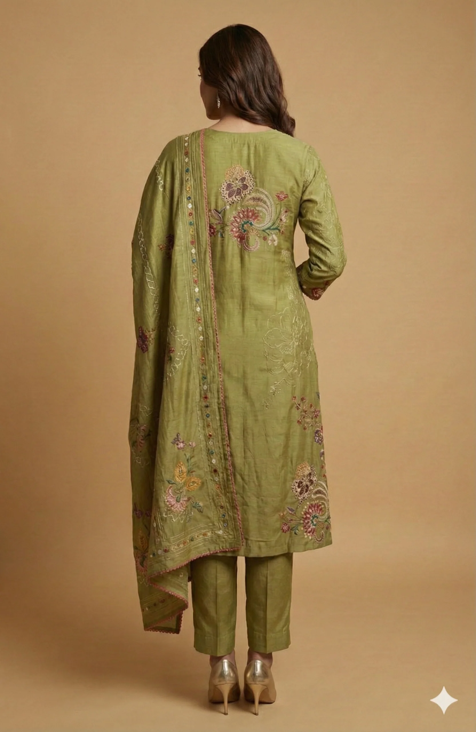 Green Floral Print Muslin Salwar Suit Designed in a Straight-Fit Silhouette with Fine Embroidery - Image 3