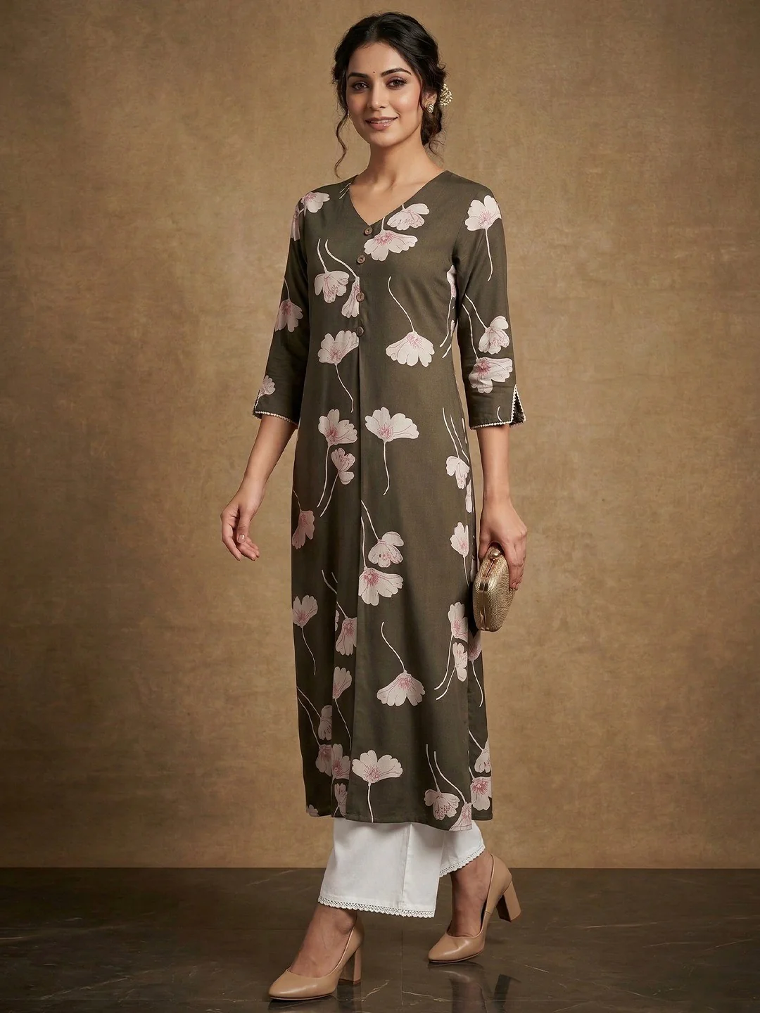 Green Floral Print Rayon Kurta Paired with Classic White Bottom for Stylish Casual Look