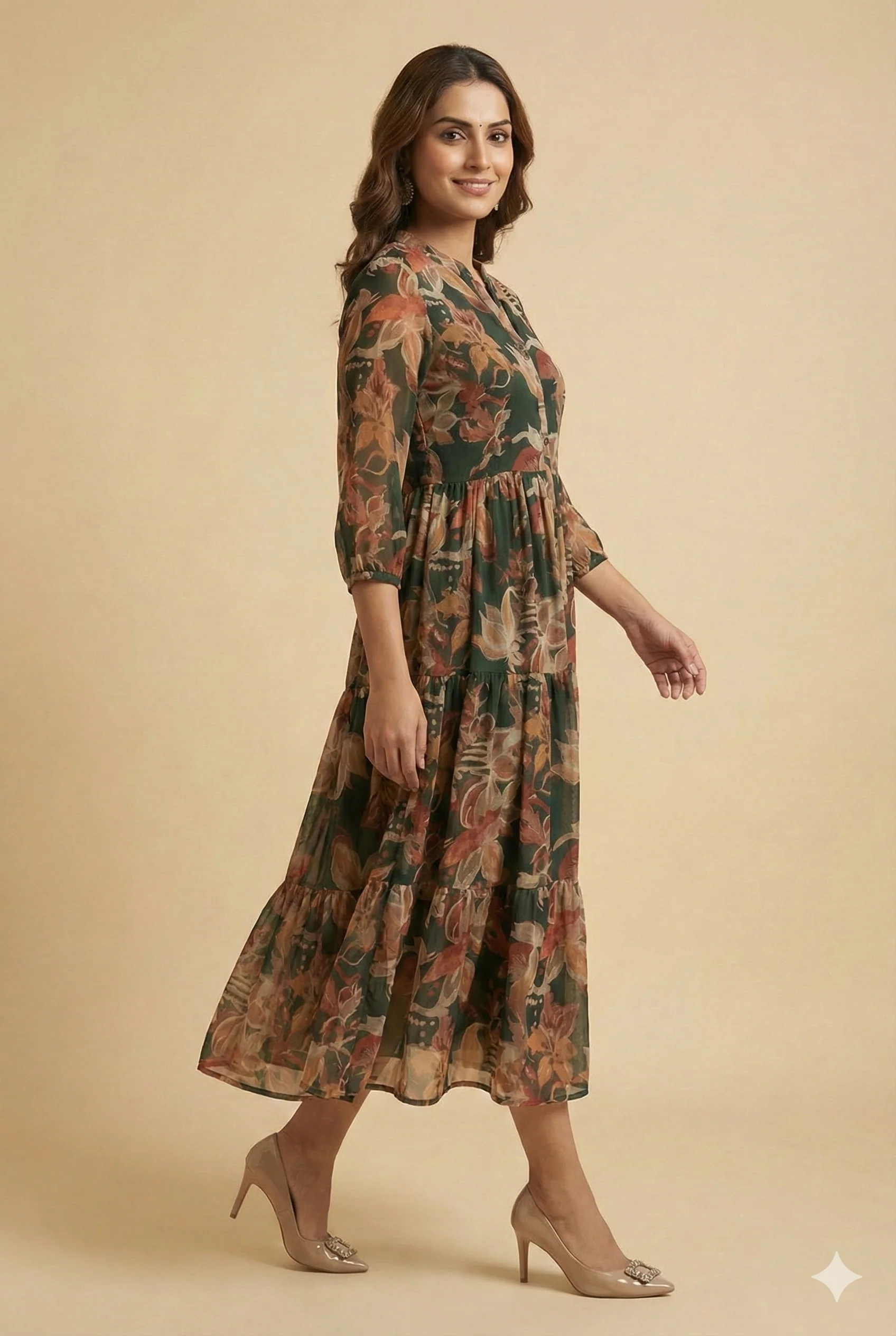 Green Floral Printed Chiffon Midi Dress Designed for Effortless Elegance - Image 4