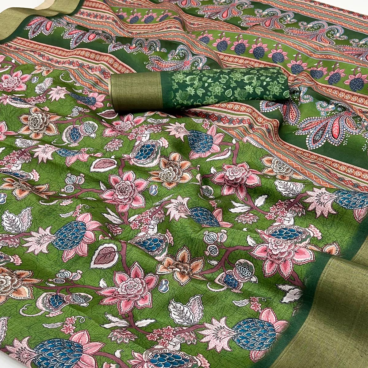 Green Floral Printed Cotton Silk Saree With Woven Border - Image 2