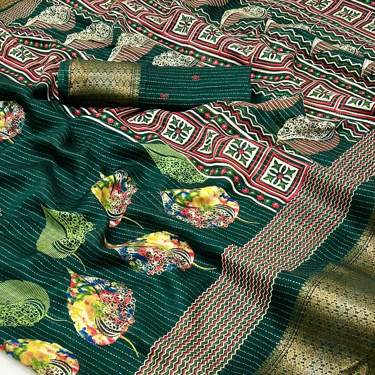 Green Floral Printed Dola Silk Saree With Jacquard Border - Image 2