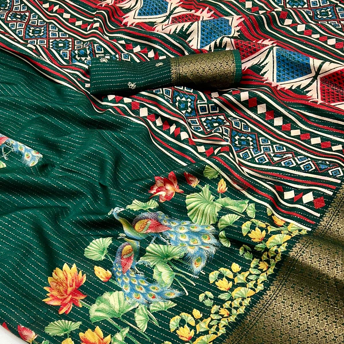 Green Floral Printed Dola Silk Saree With Jacquard Border - Image 2