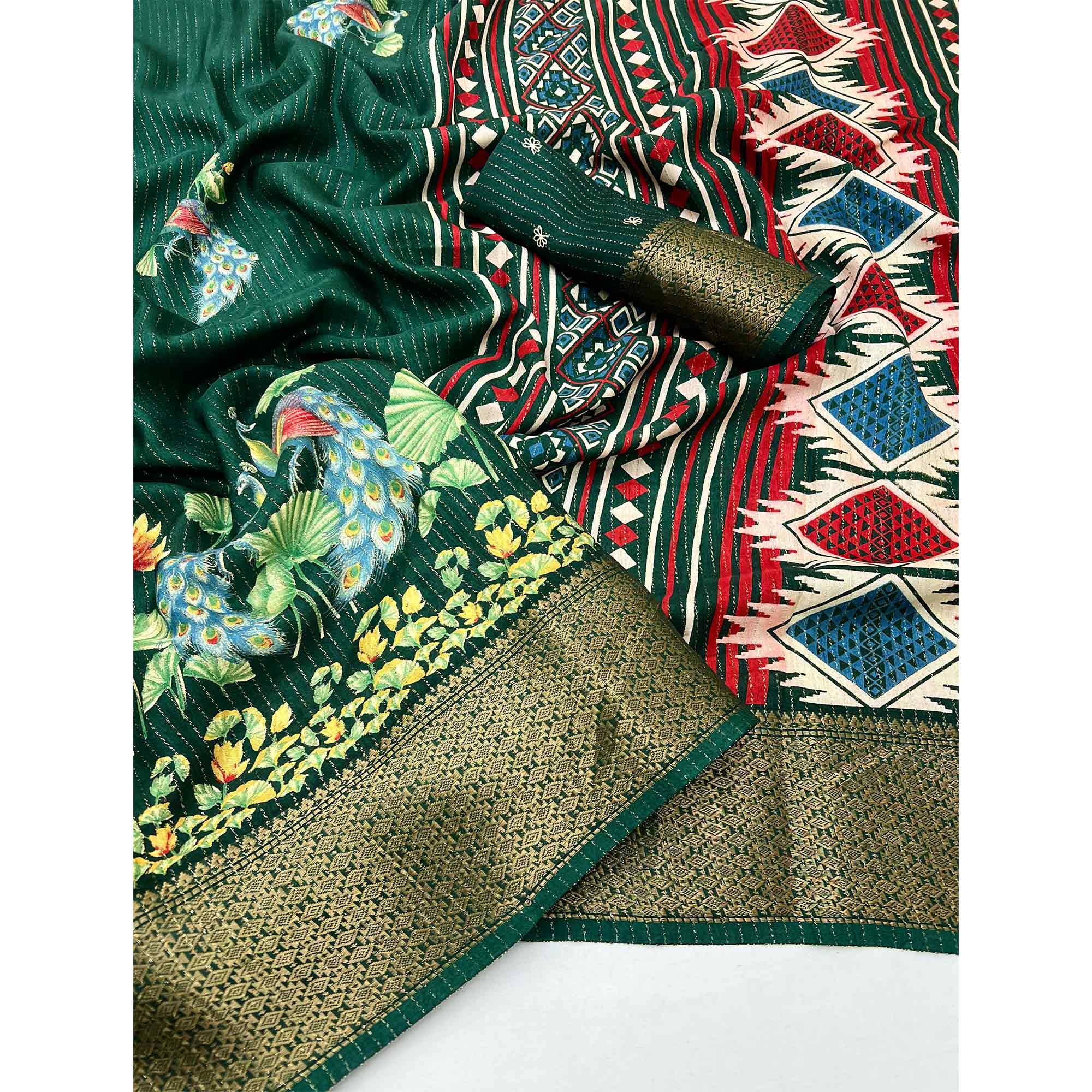 Green Floral Printed Dola Silk Saree With Jacquard Border - Image 3