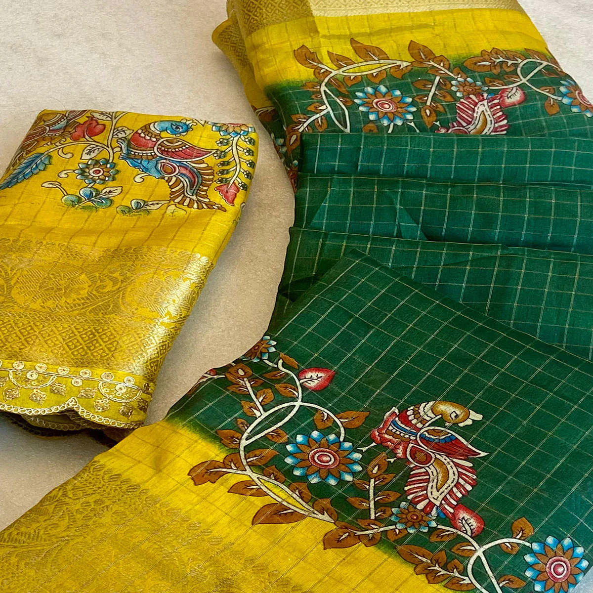 Green Floral Printed Dola Silk Saree With Sequins Border - Image 2