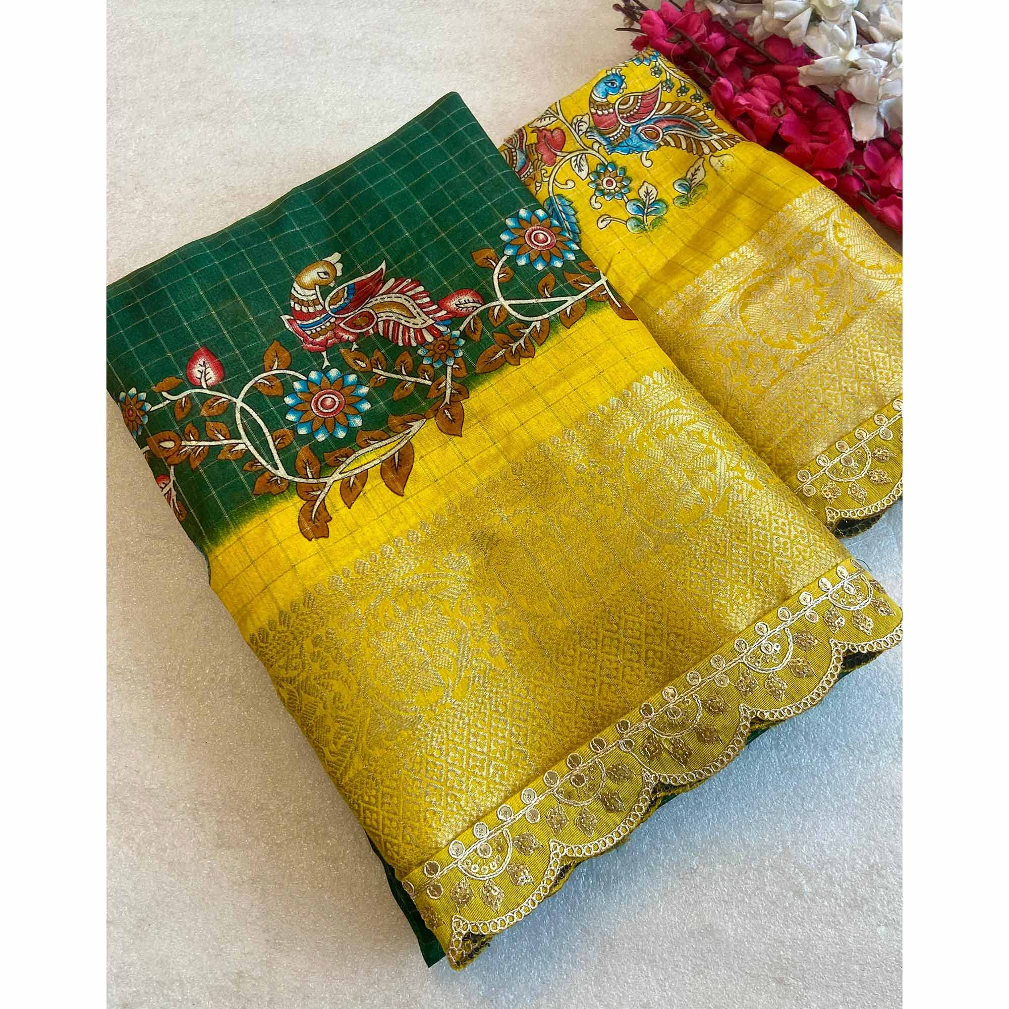 Green Floral Printed Dola Silk Saree With Sequins Border - Image 3