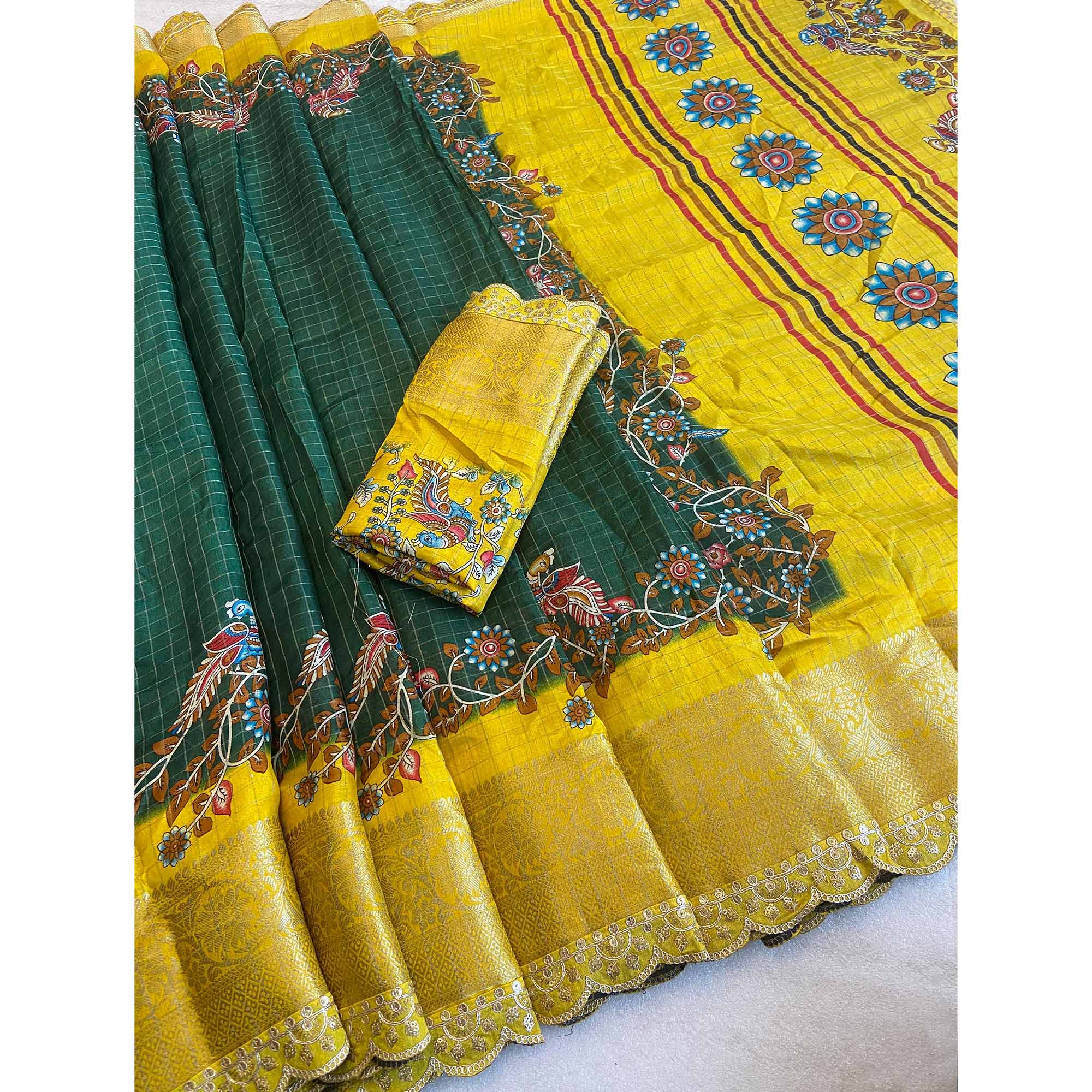 Green Floral Printed Dola Silk Saree With Sequins Border - Image 4