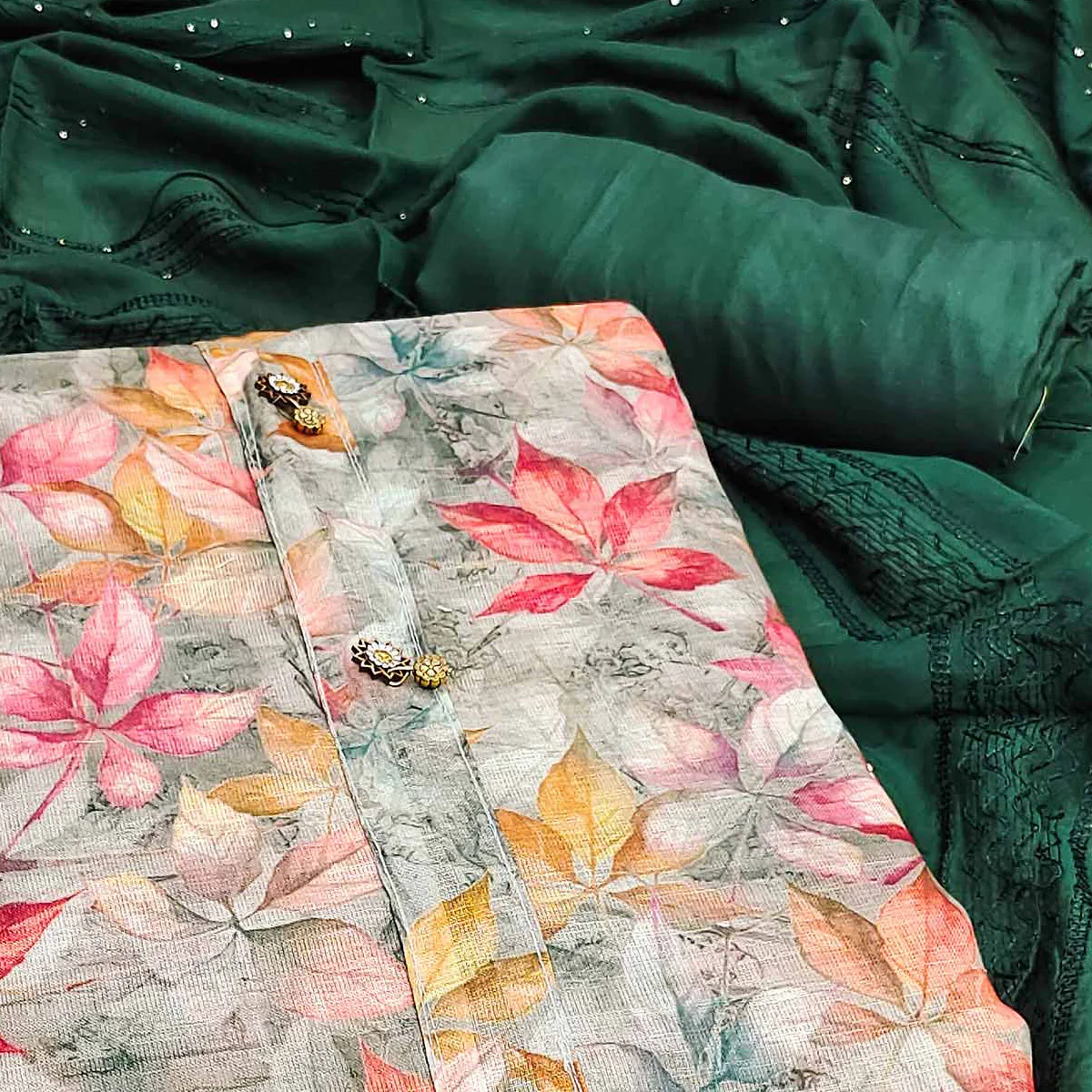 Green Floral Printed Linen Dress Material - Image 2