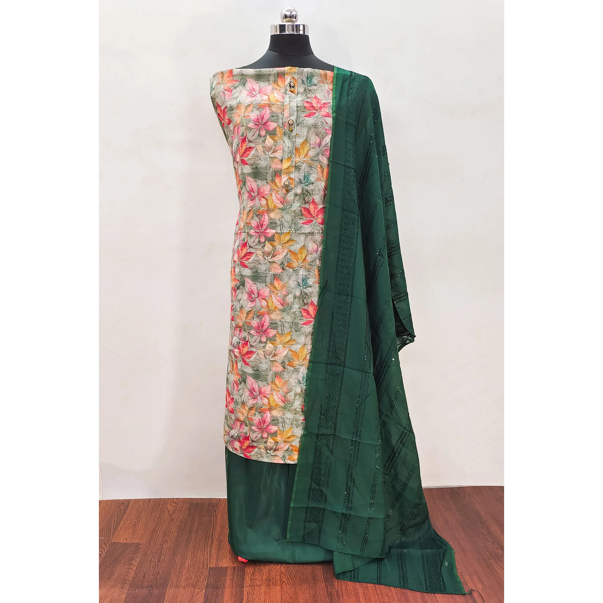 Green Floral Printed Linen Dress Material - Image 3