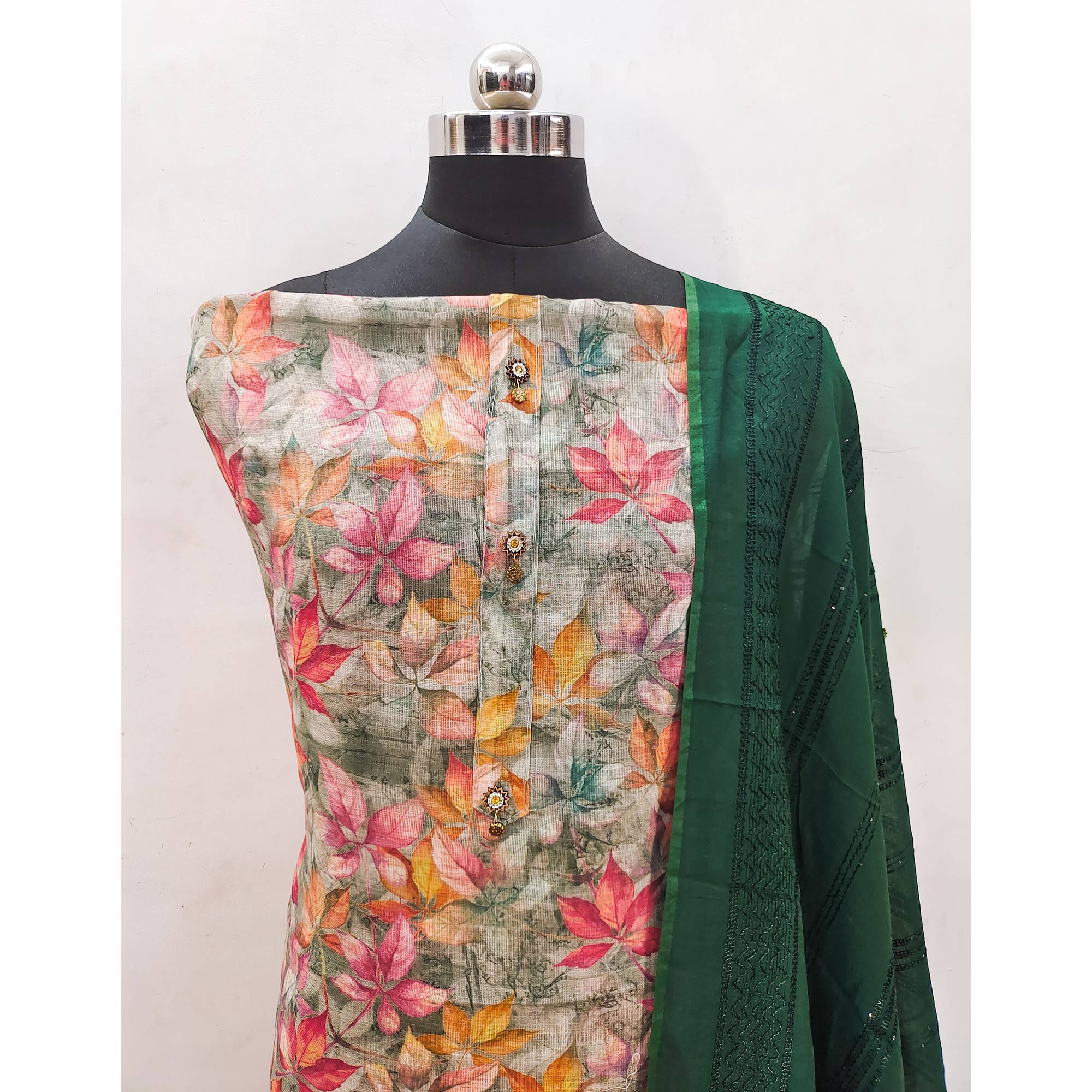 Green Floral Printed Linen Dress Material - Image 4