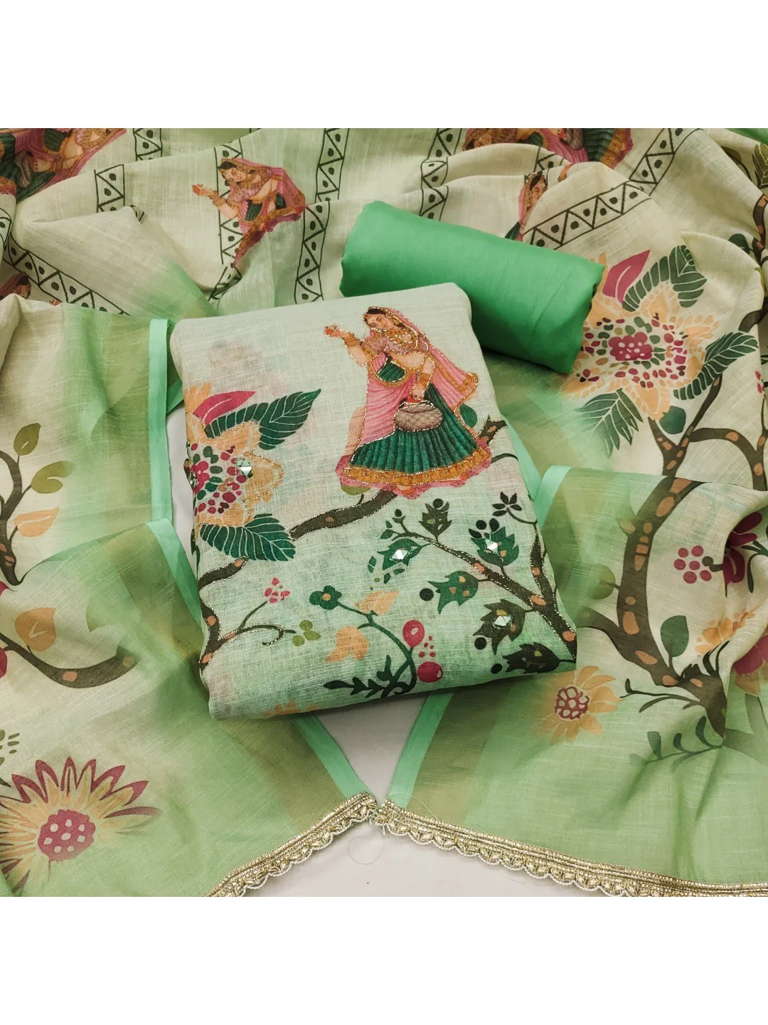 Green Floral Printed Linen Dress Material Featuring Lightweight Comfortable Fabric - Image 3