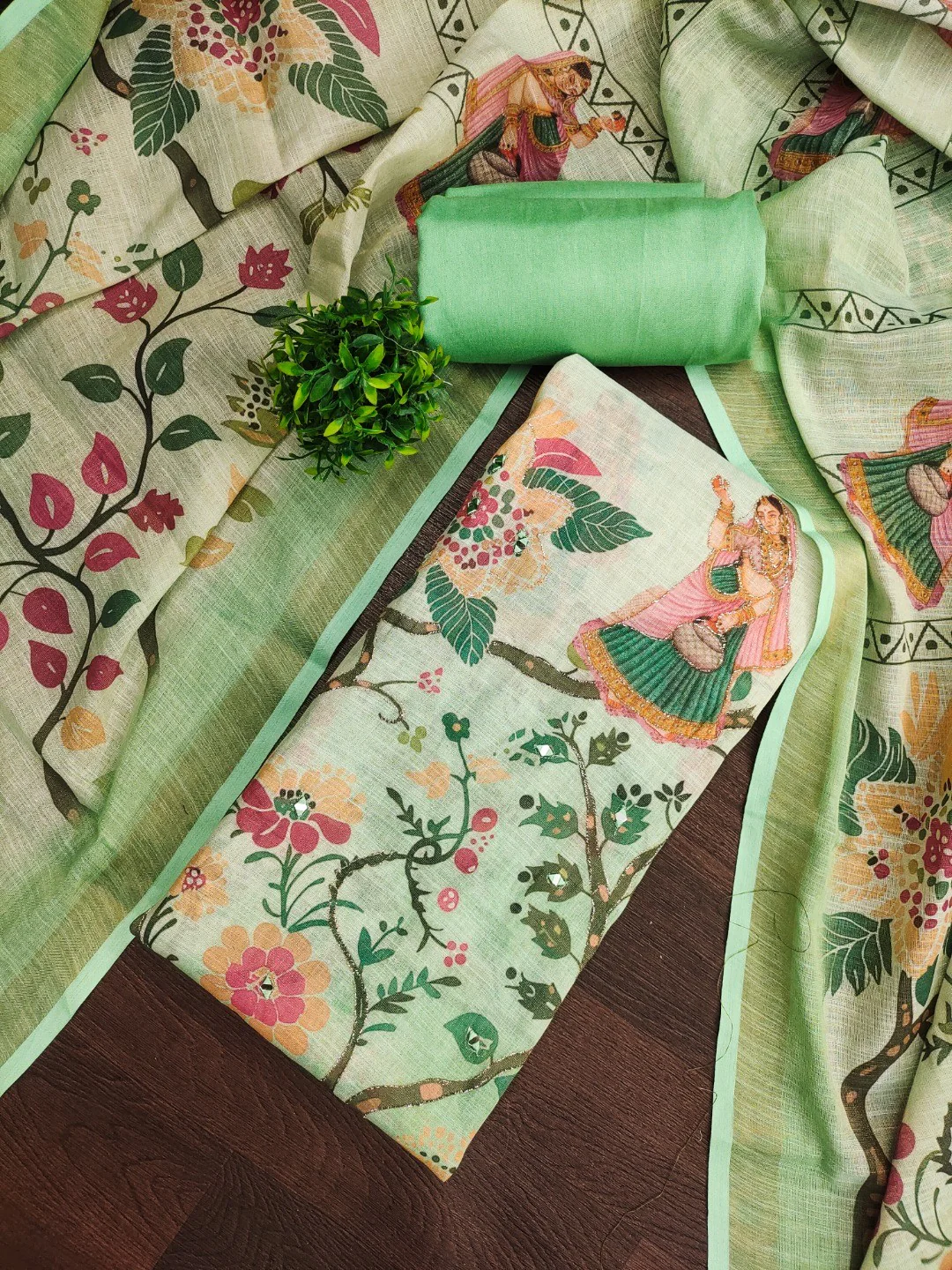 Green Floral Printed Linen Dress Material Featuring Lightweight Comfortable Fabric - Image 4