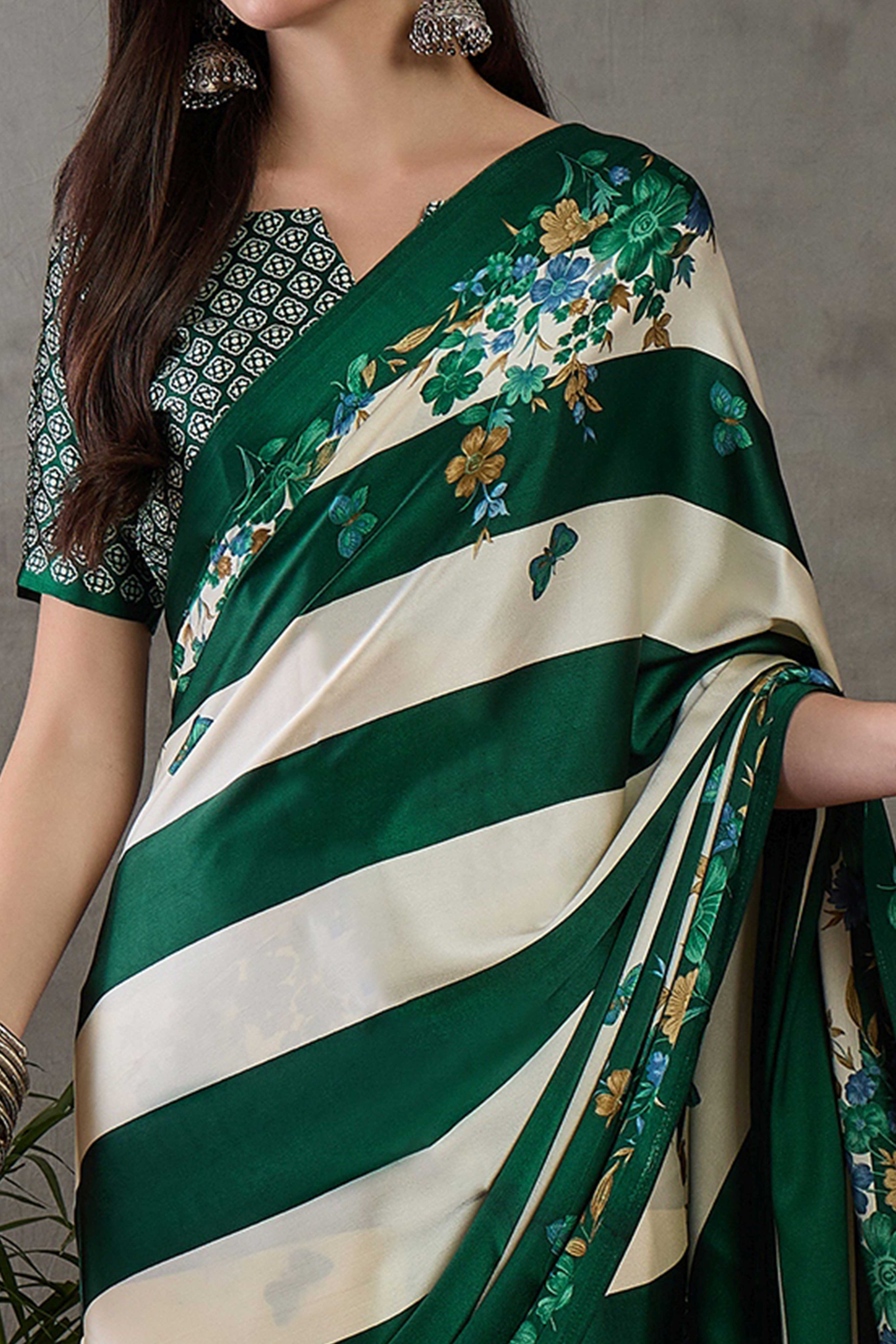 Green Floral Printed Modal Satin Party Wear Saree with a Smooth Satin Finish - Image 2