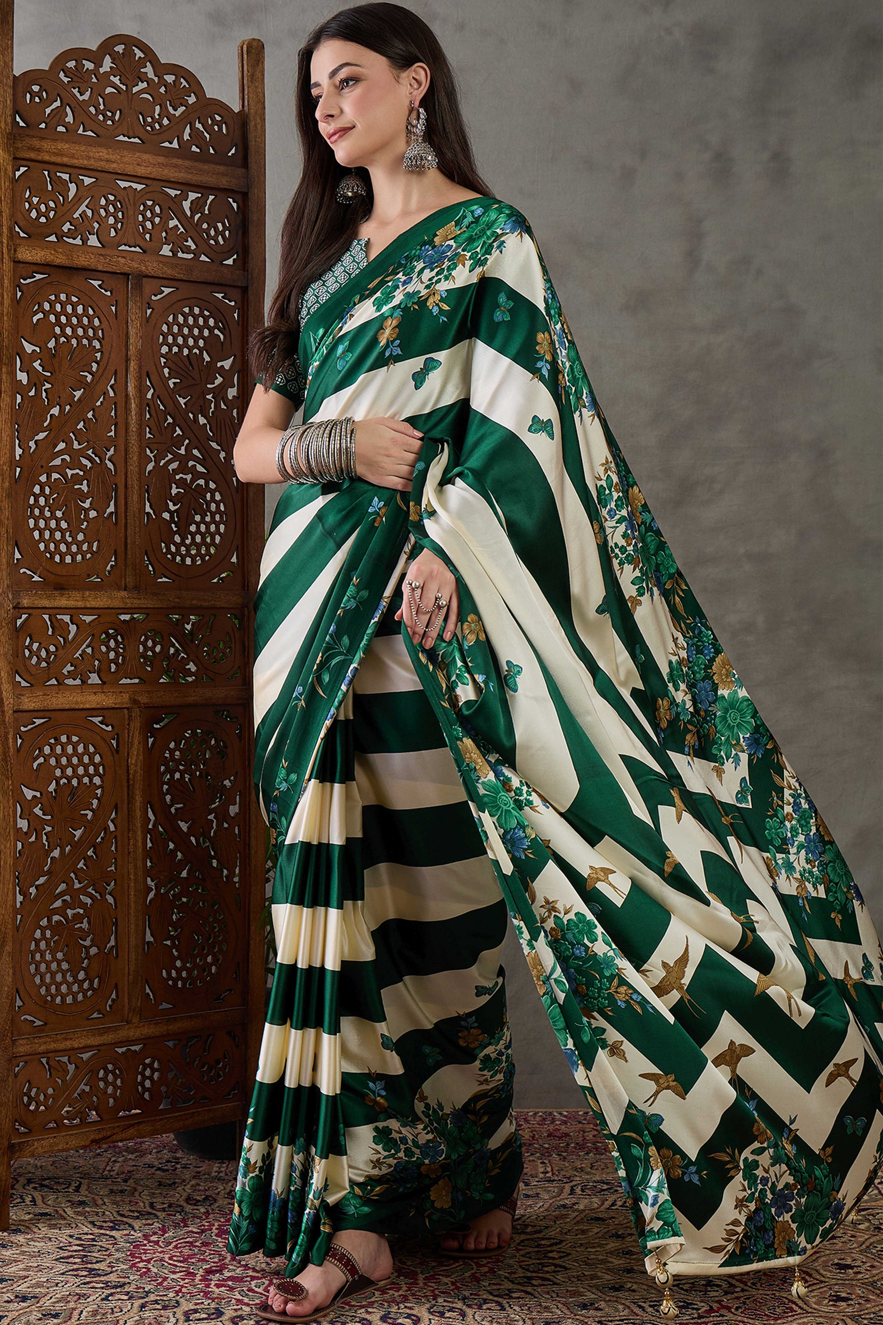 Green Floral Printed Modal Satin Party Wear Saree with a Smooth Satin Finish - Image 3